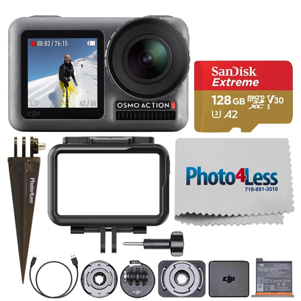 DJI Osmo Action 4K Camera + 128GB microSDXC Card + Spike Mount + Cleaning Cloth