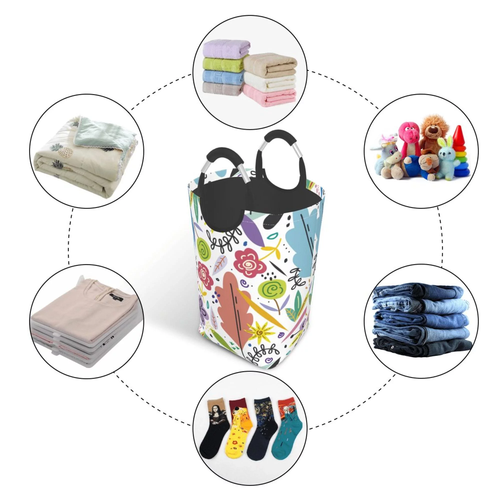 TEQUAN 50L Large Rectangular Laundry Hamper with Aluminum Handles, Colorful Floral Spring Prints Waterproof Foldable Dirty Clothes Basket