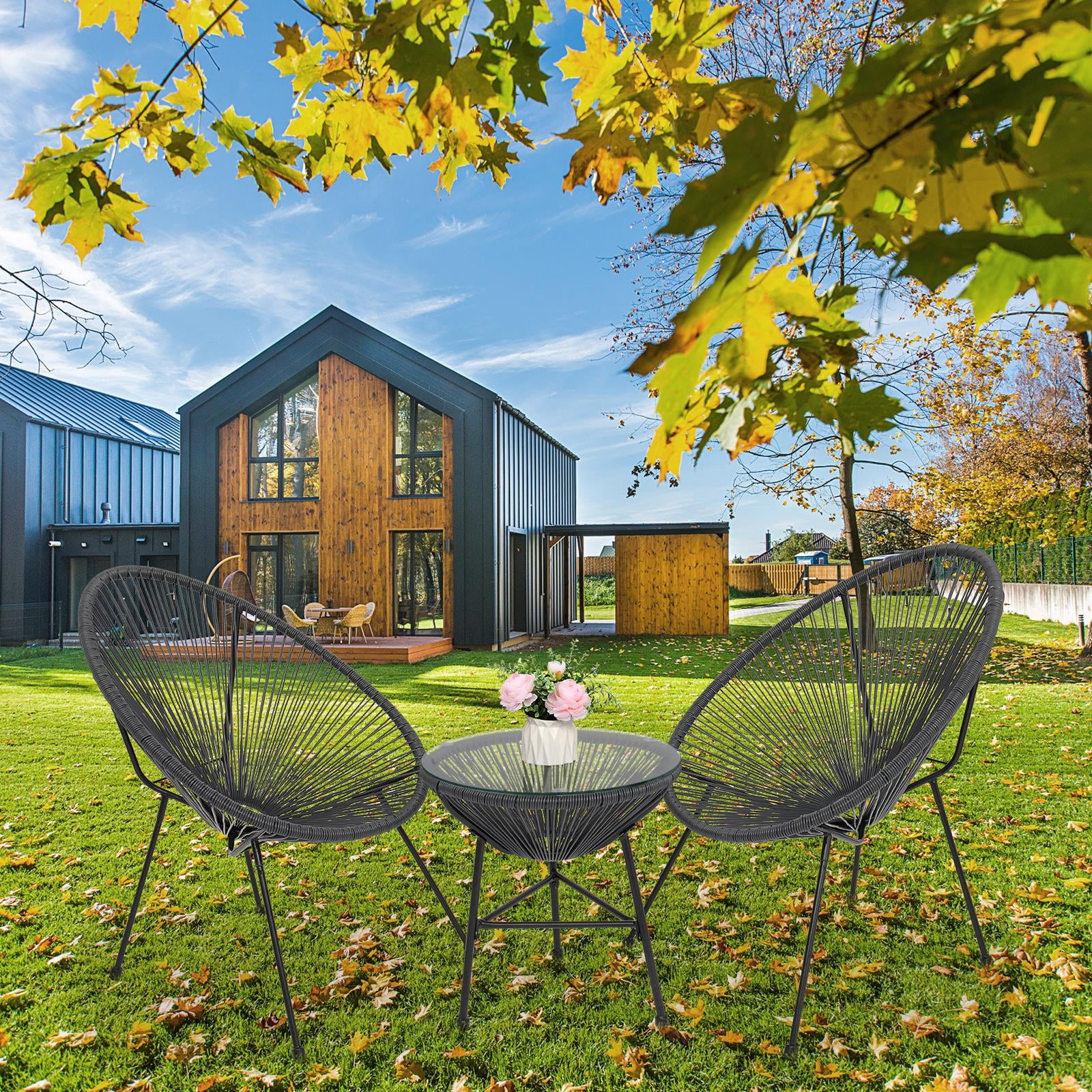 UBesGoo 3-Piece All-Weather Patio Chat Set w/ Glass Table, Acapulco Bistro Furniture, Gray