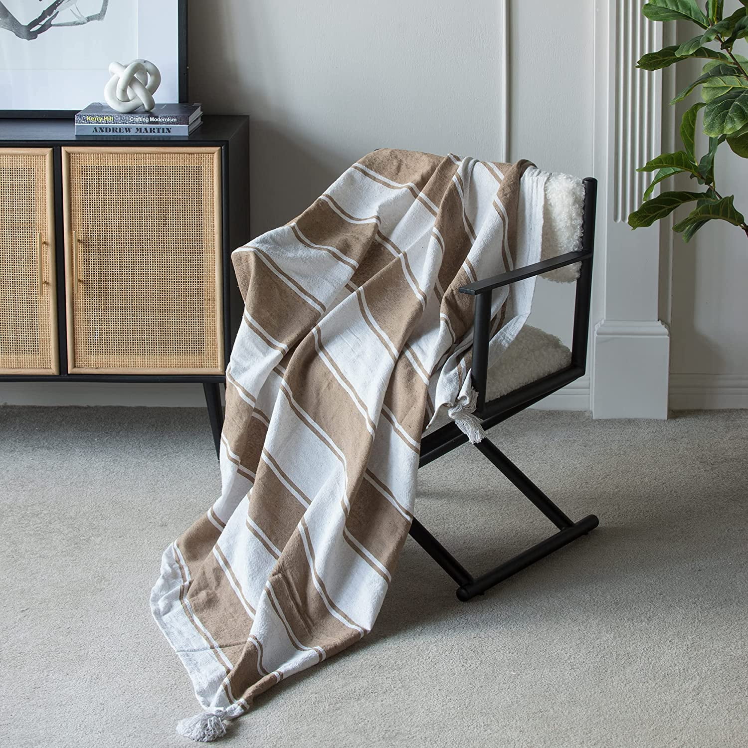 A&B Home Throw Blanket - Brown and White Stripe Woven Cotton Blend Blanket, 50