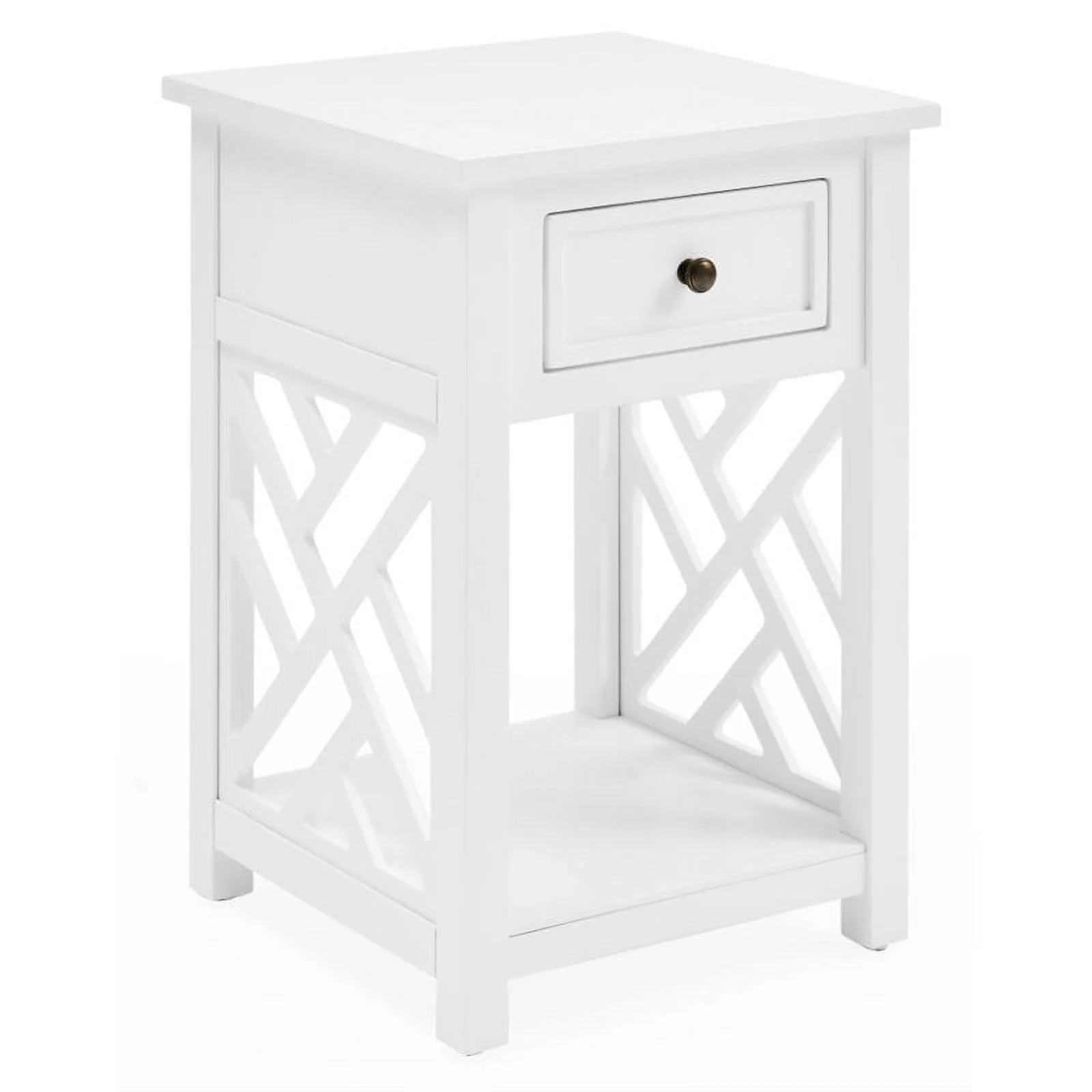 Home Square Wood End Table with Drawer and Shelf in White - Set of 2