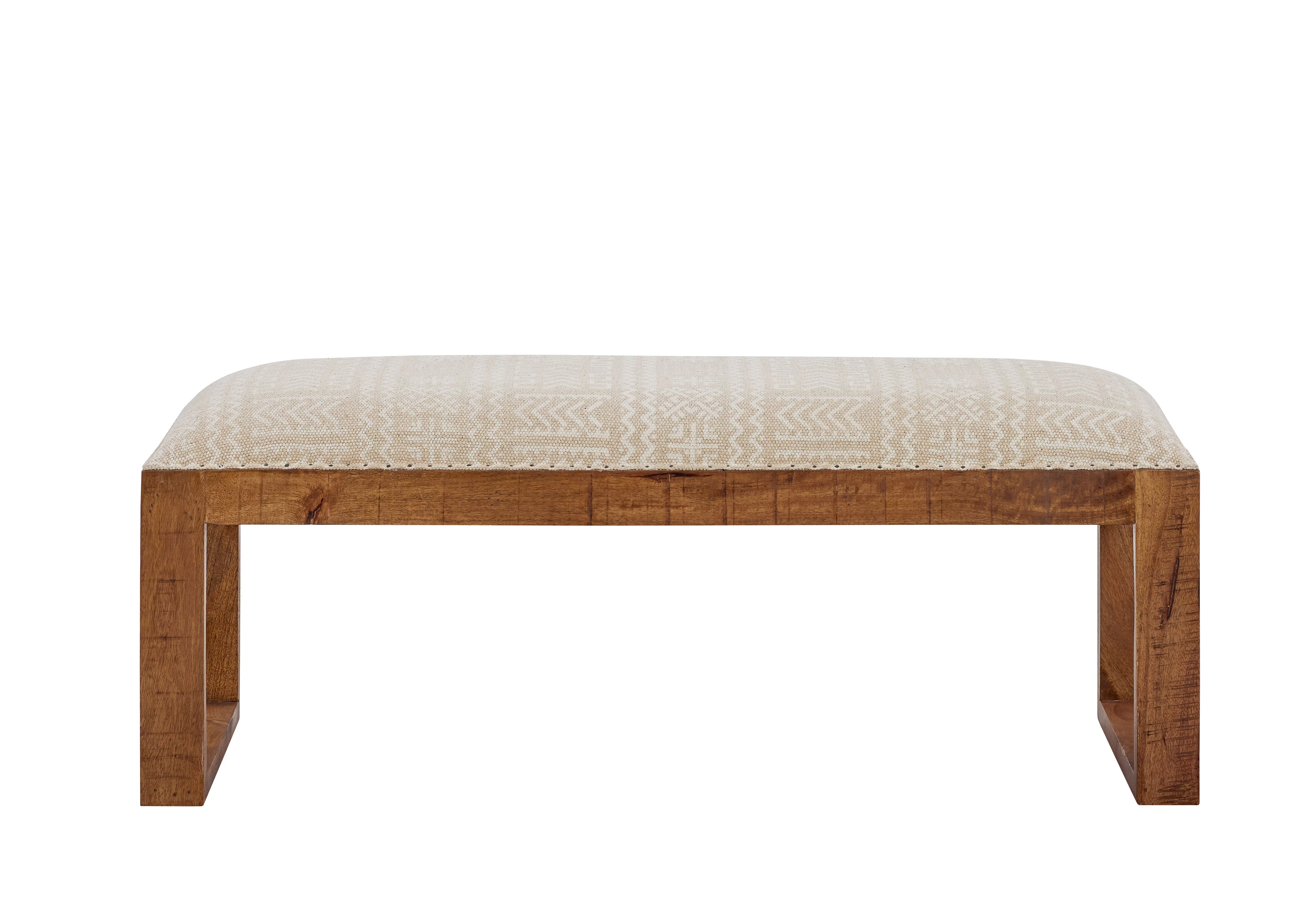 Ellington U-Leg Upholstered Bench, Natural Frame with Beige and White Aztec Pattern Fabric
