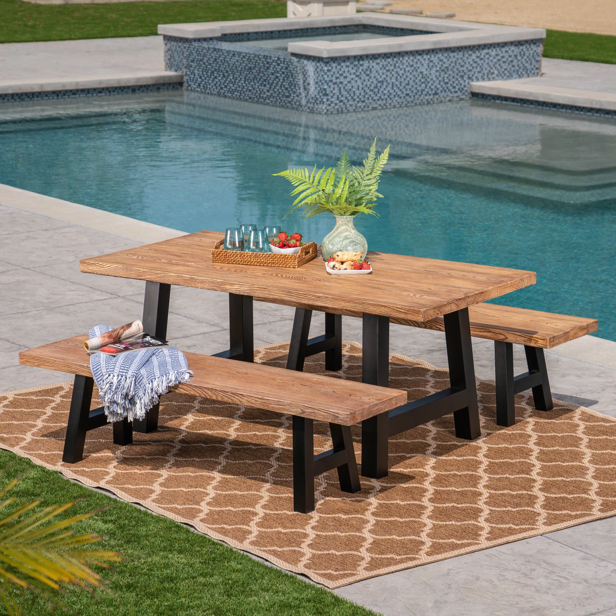 Outdoor 3 Piece Light Weight Concrete Picnic Set,Black,Natural Oak