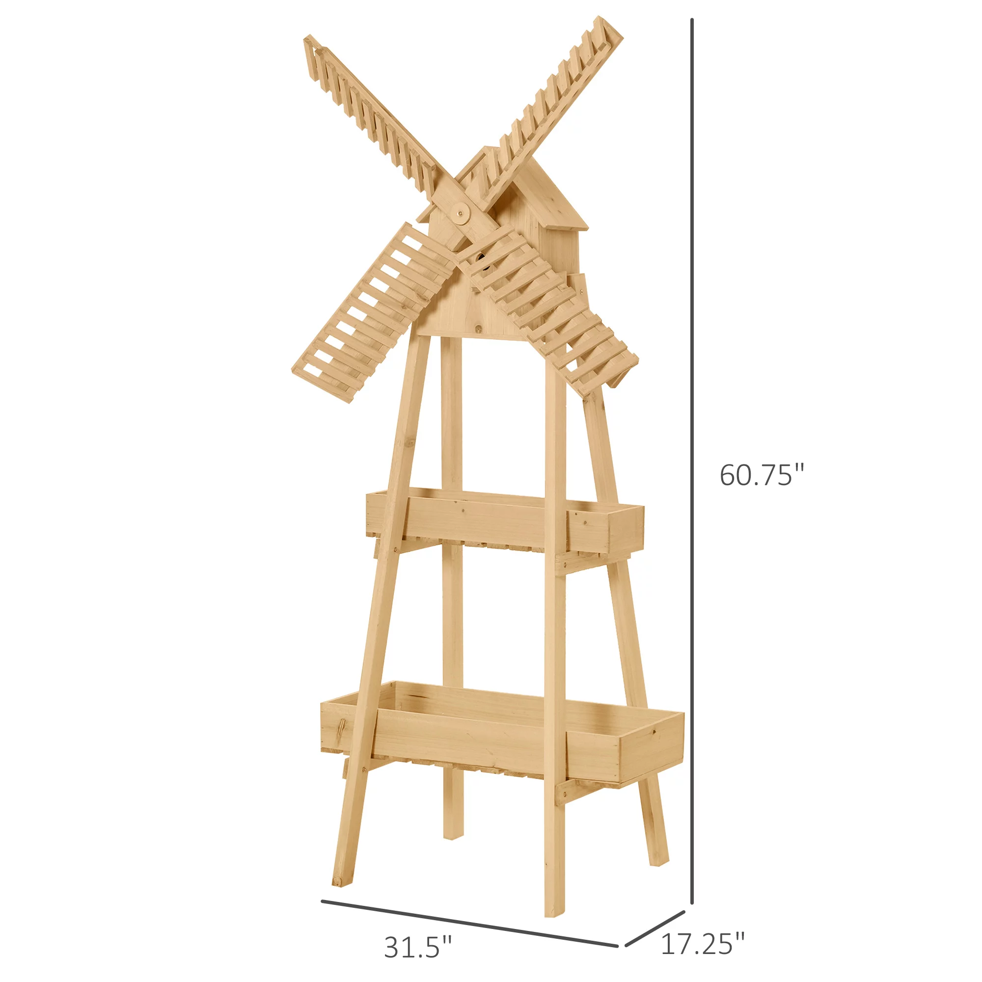 Outsunny 3' x 1' x 5' 2-Level Wooden Plant Shelf with Cute Windmill Design