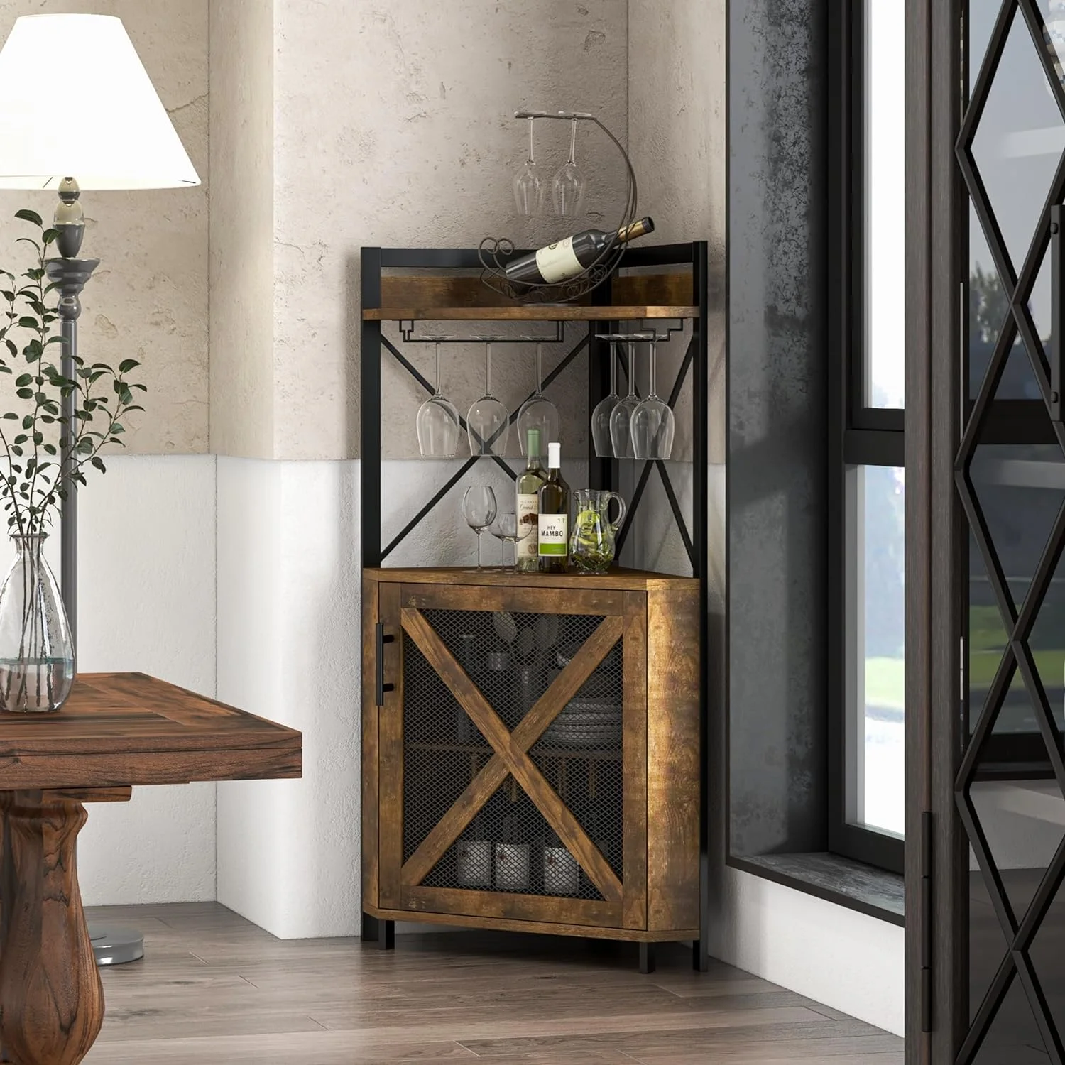 JDZHAPPYLIFE Corner Wine Cabinet with   Wine  Cabinet with Glass Holder  Liquor Cabinet with Metal Mesh Doors & Adjustable  for Dining Room  Kitchen Living Room  Rustic Brown