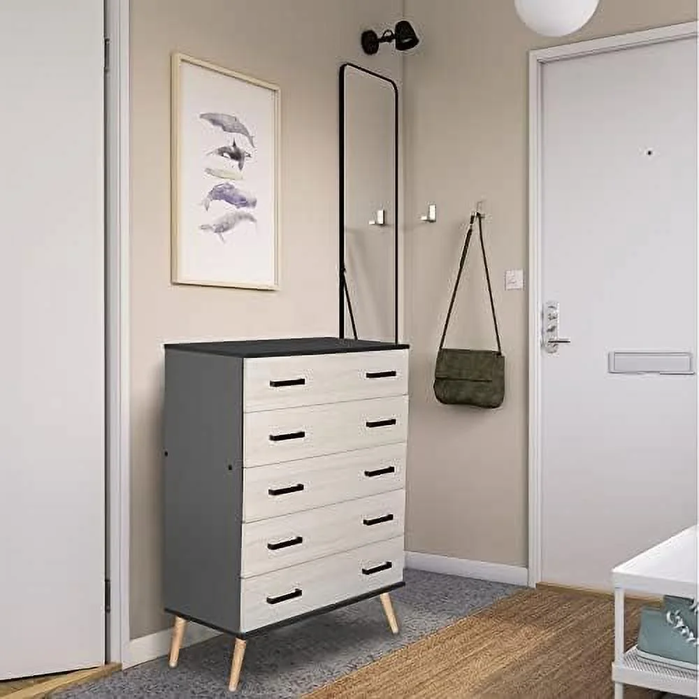 MQLIFEBOOM Eli Mid-Century Modern 5 Drawer Chest Dark Gray & Honey Oak