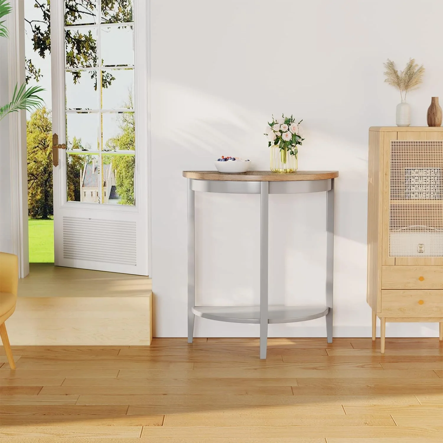 Justino Half Moon Wooden Console Table With Bottom Shelf In Gray Oak