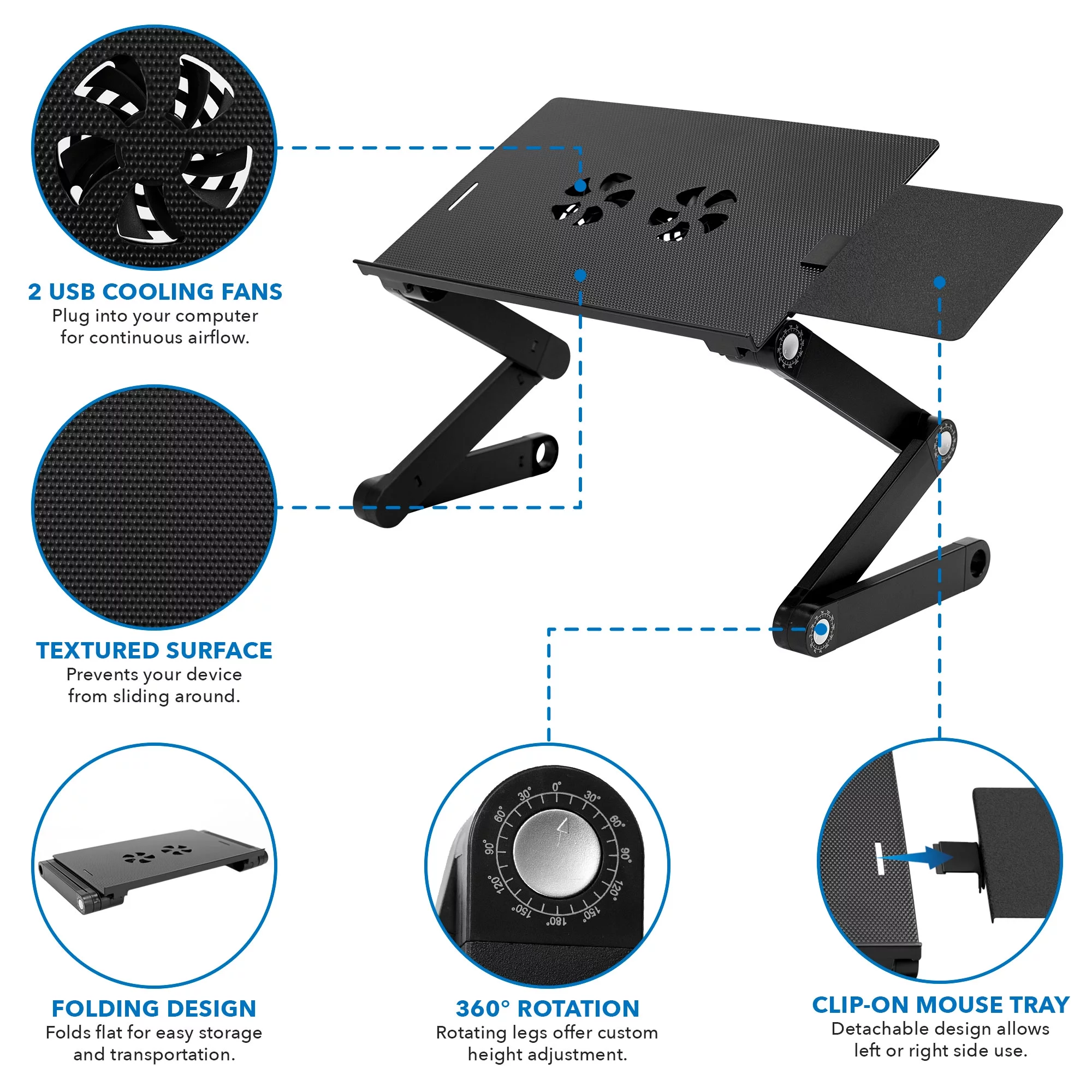 Mount-It! Adjustable Laptop Stand with Built-in USB Cooling Fan and Mouse Pad Tray, Black