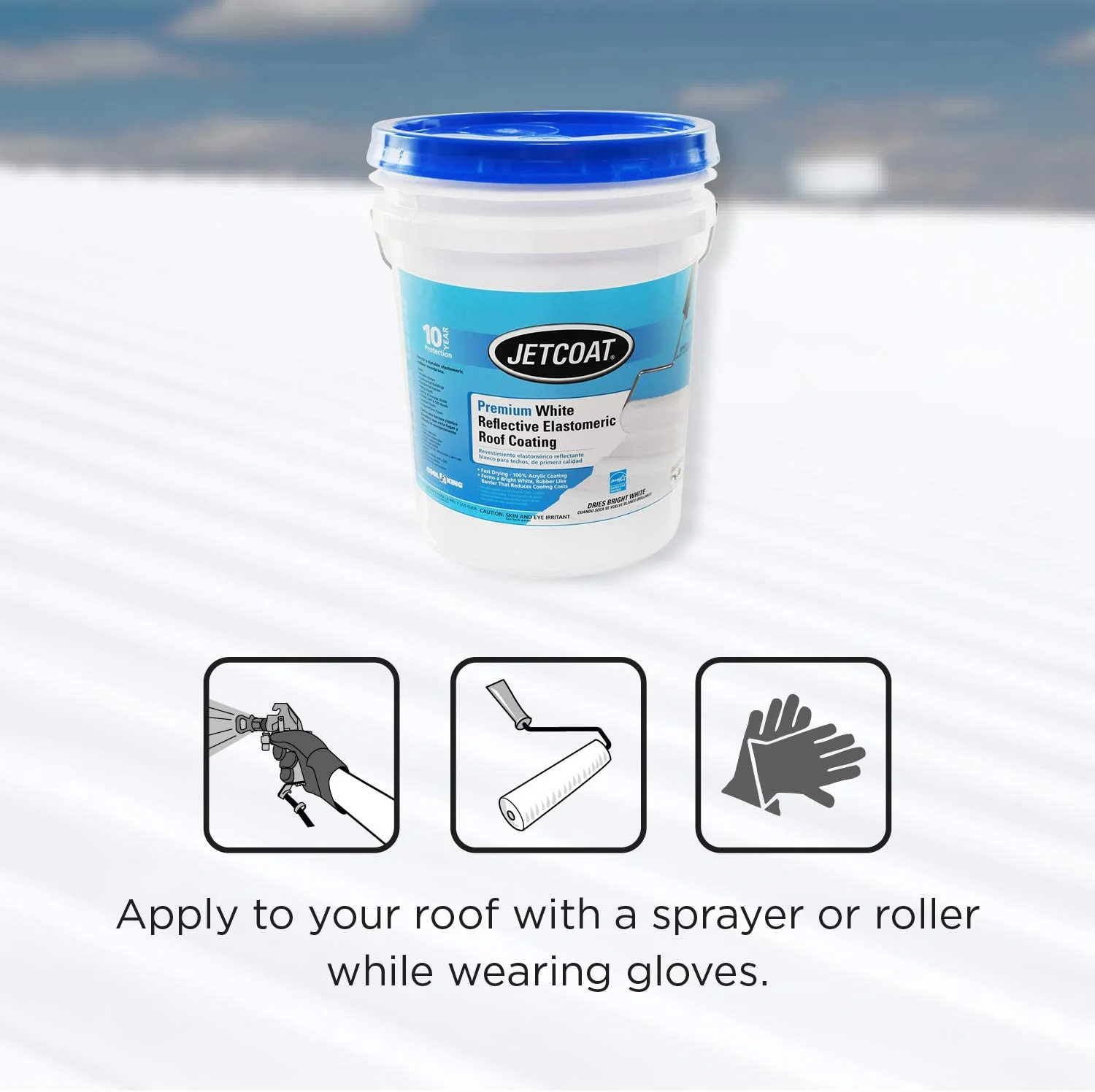 Jetcoat Cool King Reflective Acrylic Roof Coating, Waterproof Elastomeric Sealant, 5 Gallon, 10 Year Protection (White)