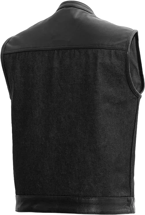 First Mfg Co - 49/51 - Men's Motorcycle Biker Riding Black Denim, Leather Vest - 2X Large