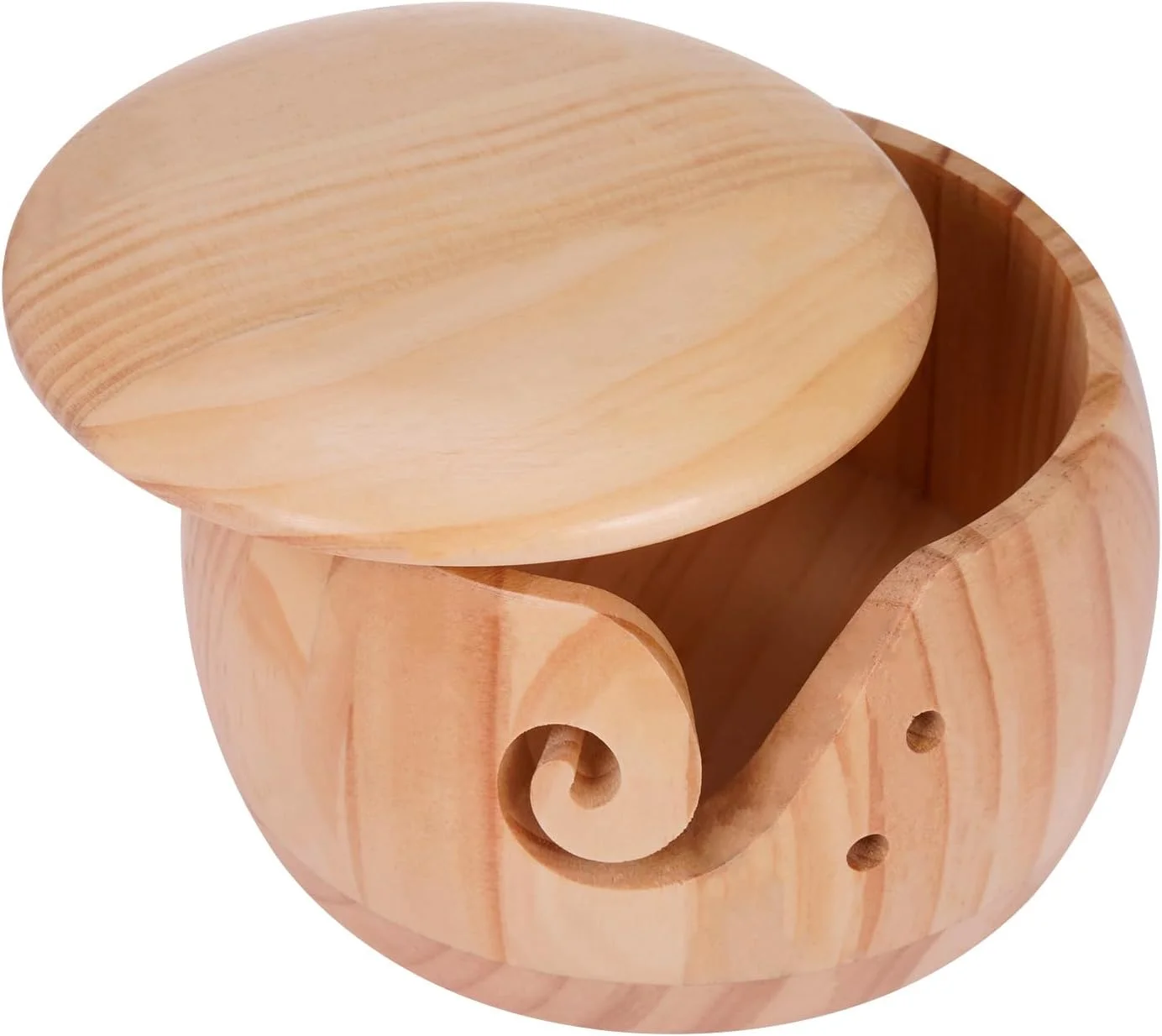 Wooden Yarn Storage Bowl, Knitting Wool Holder With Lid And Carved Holes Handmade Crafts, Portable Crochet Hooks Round Basket Organizer For DIY Sewing Crocheting