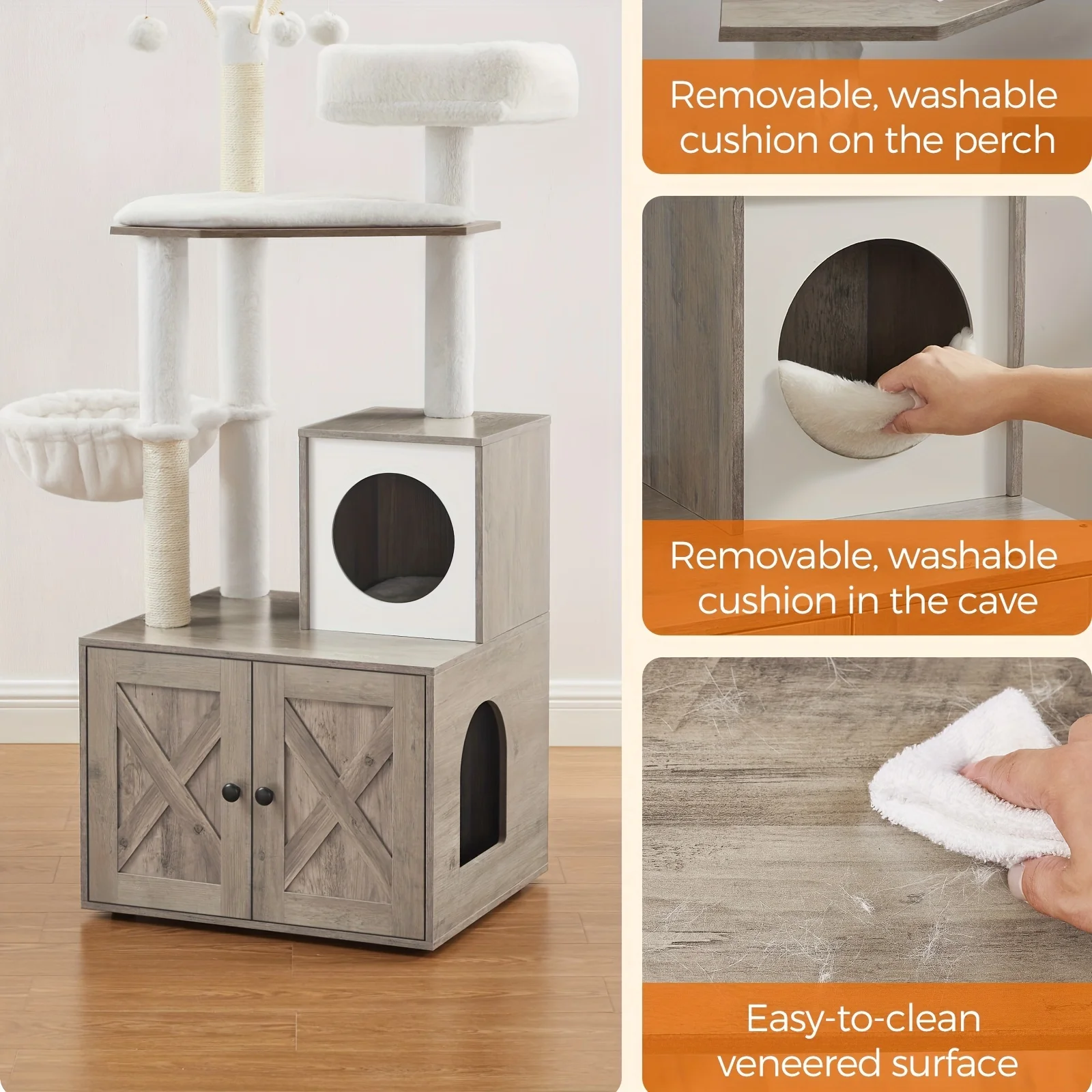 WoodyWonders Cat Tree With Litter Box Furniture Hidden Enclosure, 2-in-1 Modern Tower, Cat Condo With Scratching Posts, Removable Pompom Sticks