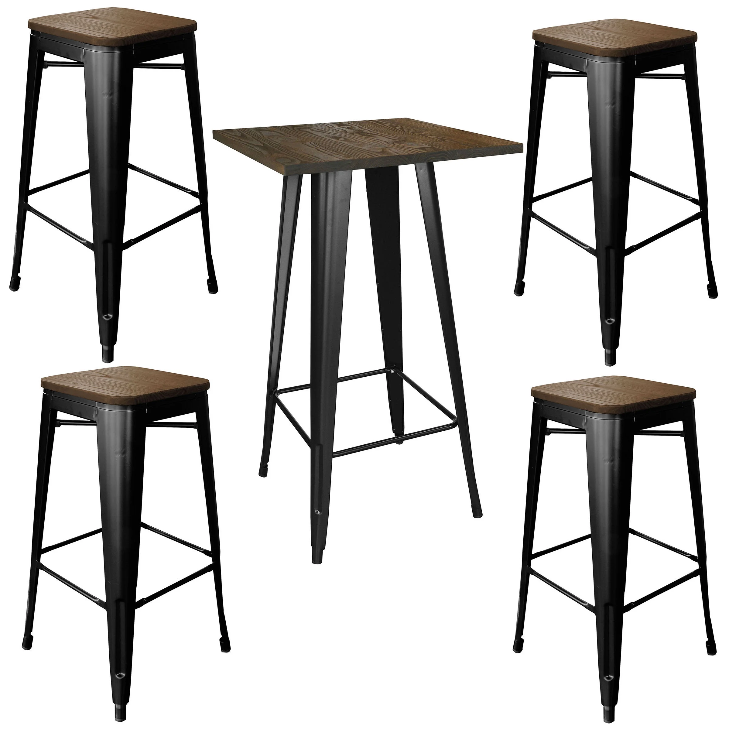 AmeriHome 5 Piece Dark Elm Finish Wood Top Bar Table with 4 Black Finish Metal Backless Bar Stools