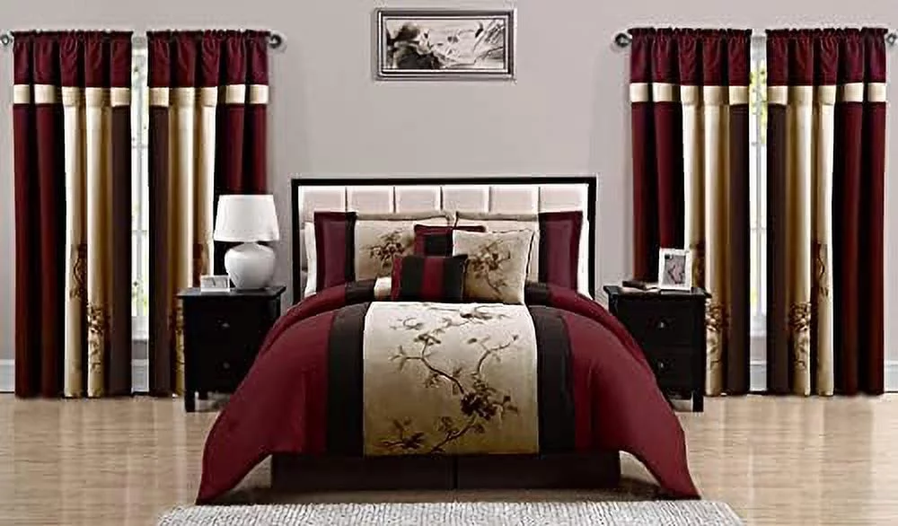 TJRUOPG Vienna 7-Piece Embroidered Floral Comforter Set (Queen  Burgundy Taupe Brown)