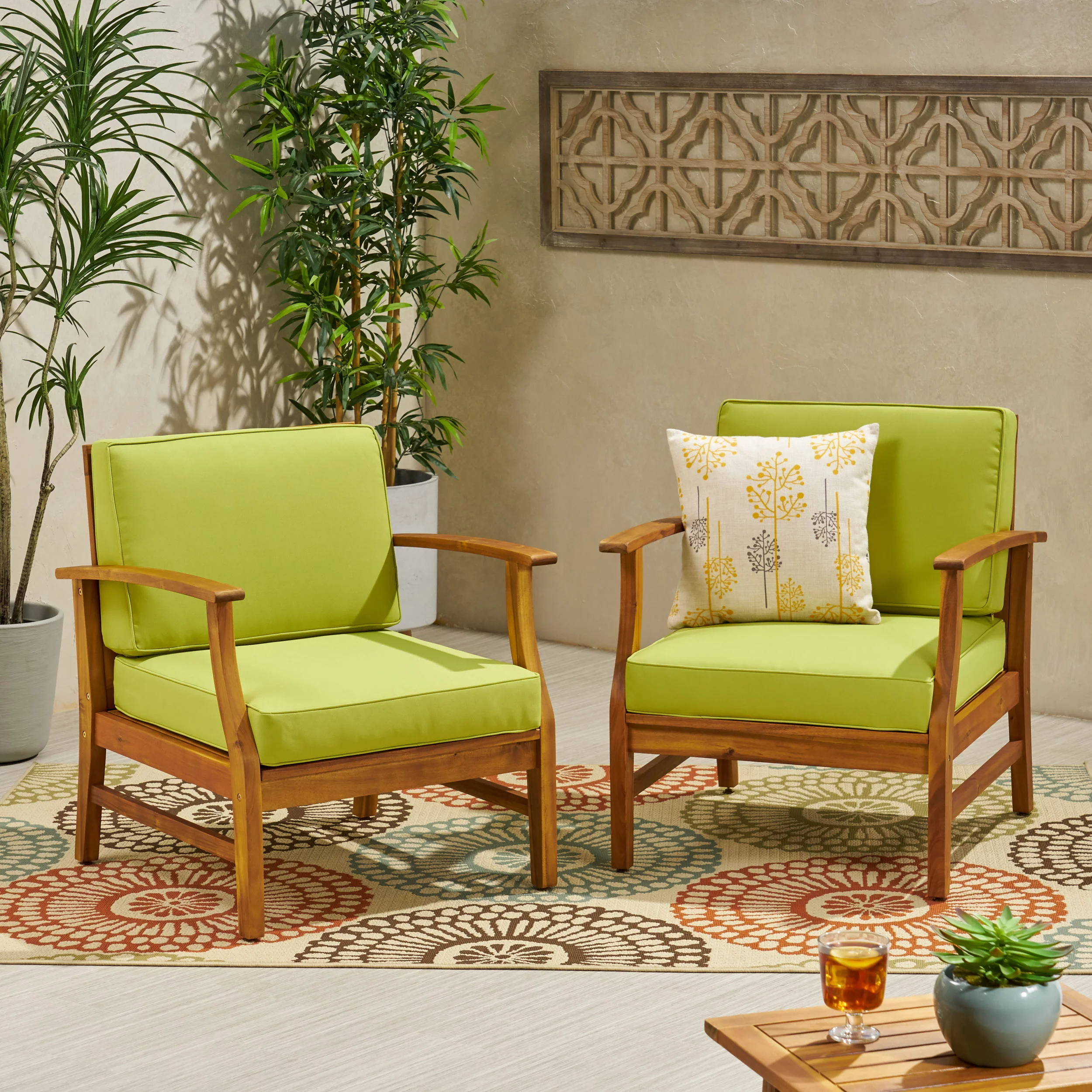 Zavier Outdoor Acacia Wood Club Chairs With Cushion, Teak Finish, Green