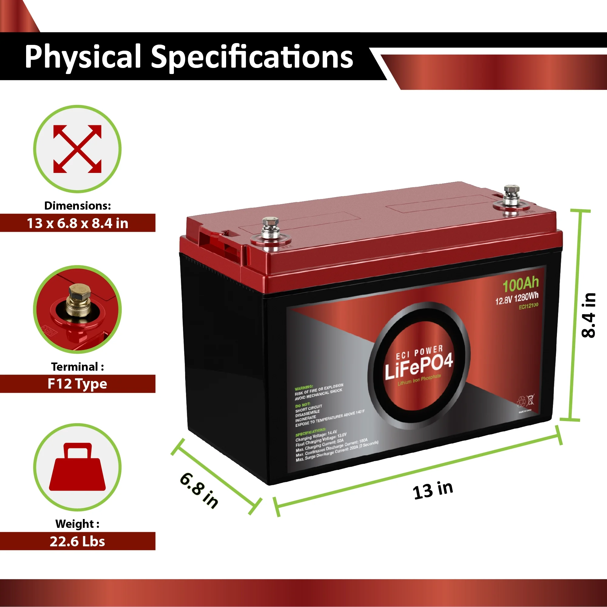 ECI Power 12V 100Ah Lithium LiFePO4 Deep Cycle Rechargeable Battery | 2000 - 5000 Life Cycles & 10-Year lifetime | Built-in BMS | Perfect for RV, Solar, Marine, Overland, Off-Grid Applications
