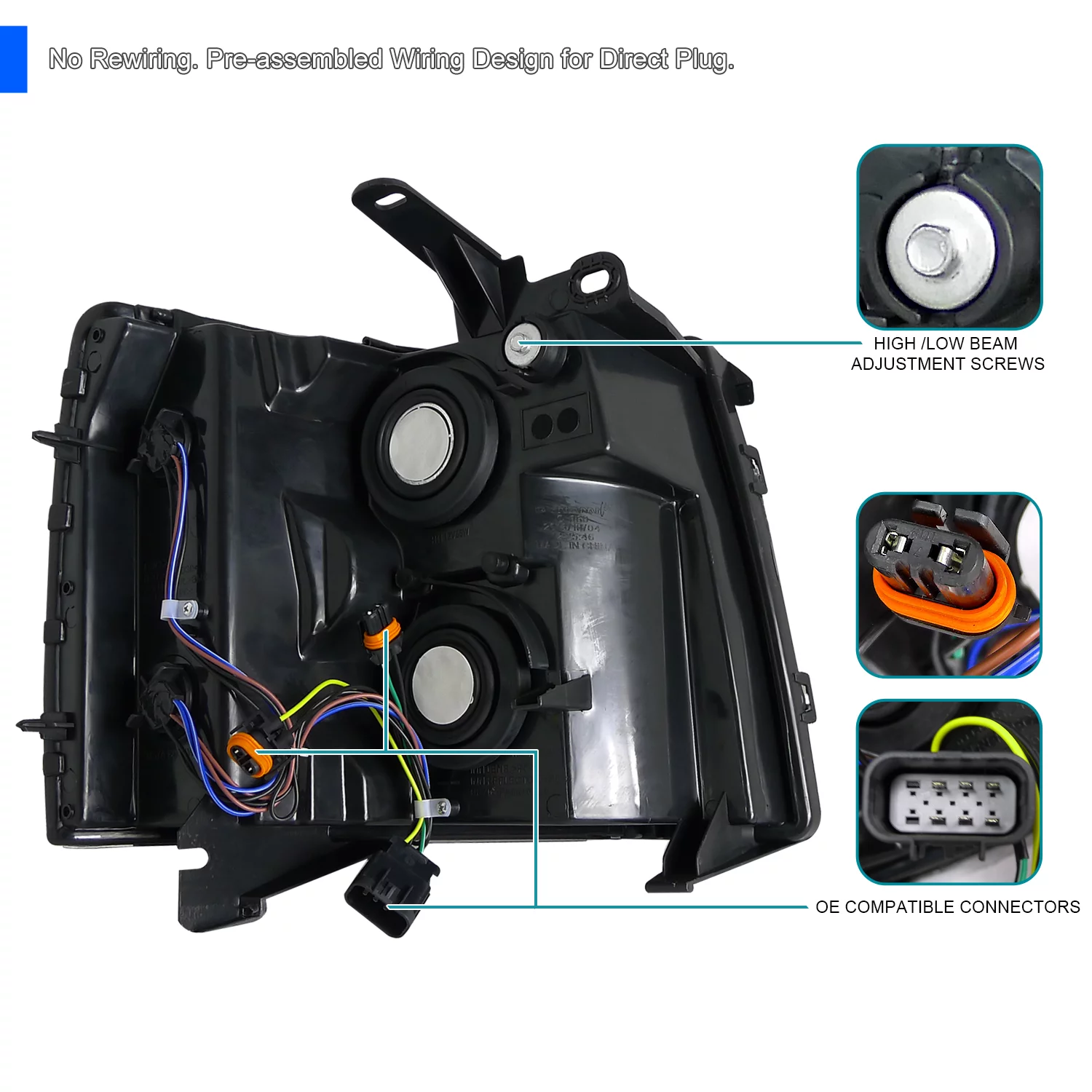 Spec-D Tuning Black Headlights Assembly Compatible with 2007-2013 Chevy Silverado 1500, 2007-2014 2500HD 3500HD, L+R Pair Head Light Lamp