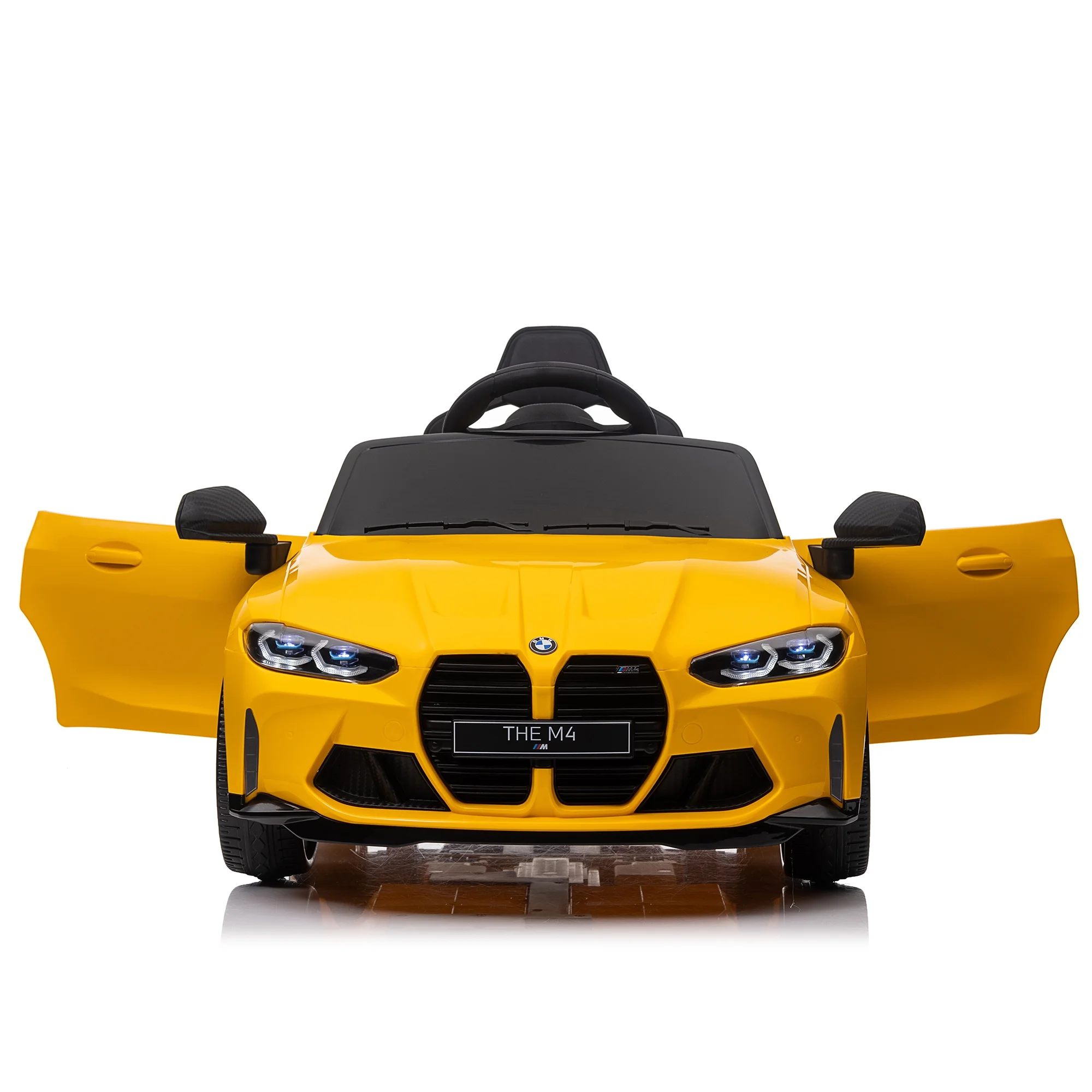 BISHE 12V Kids Ride on Car, Licensed BMW M4 Electric Vehicle Toy with Remote Control, MP3, Bluetooth, LED Light, Suspension System, Yellow
