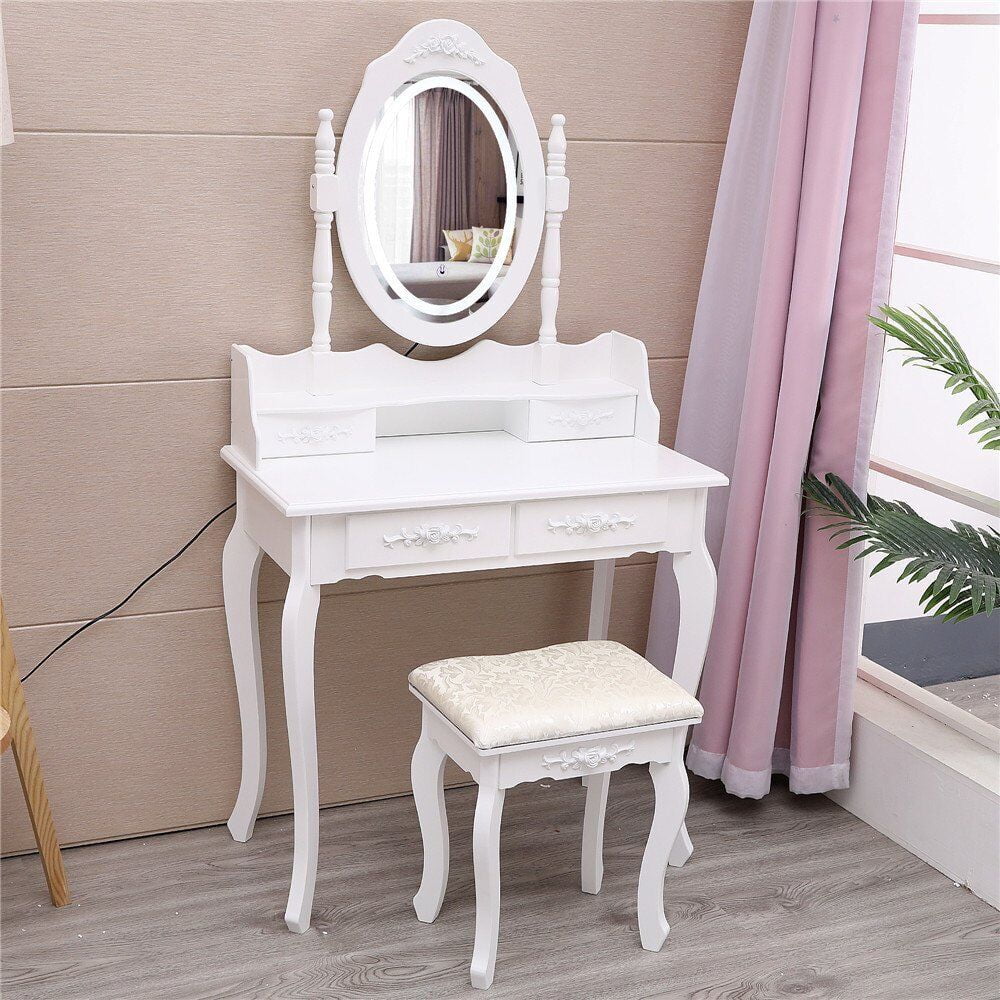 Led Lights Makeup Vanity Set Dressing Table With Stool Mirror With 4 Drawers