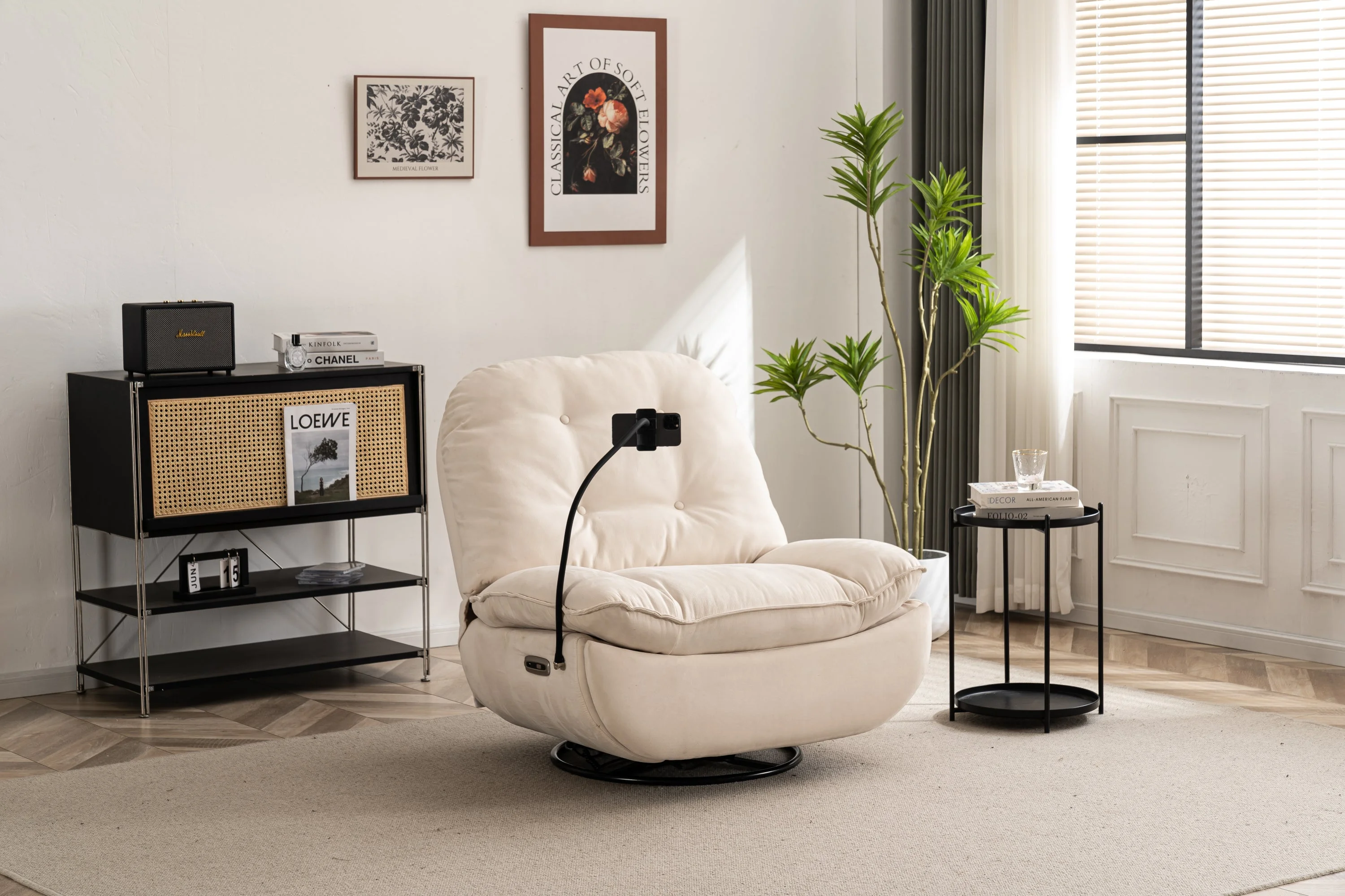 Clara Power Linen Recliner Swivel Glider USB Charger with Bluetooth  - Cream