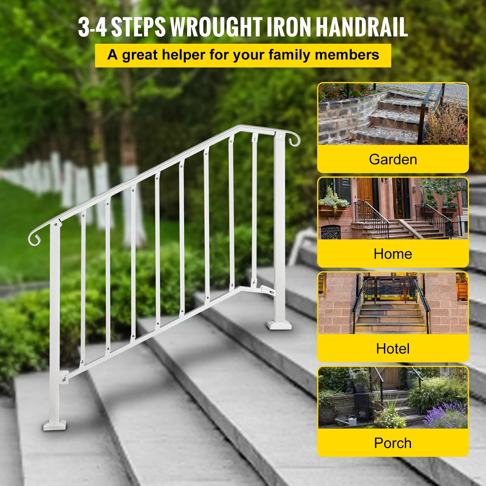 SKYSHALO Wrought Iron Handrail Stake Fits 3 or 4 Step Stair Railing Outdoor Steps