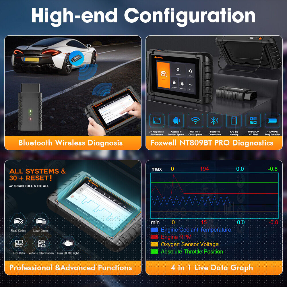 FOXWELL NT809BT OBD2 Scanner Code Reader Bi-Directional Scan Tool Bluetooth Wireless All System Car Diagnostic Tool