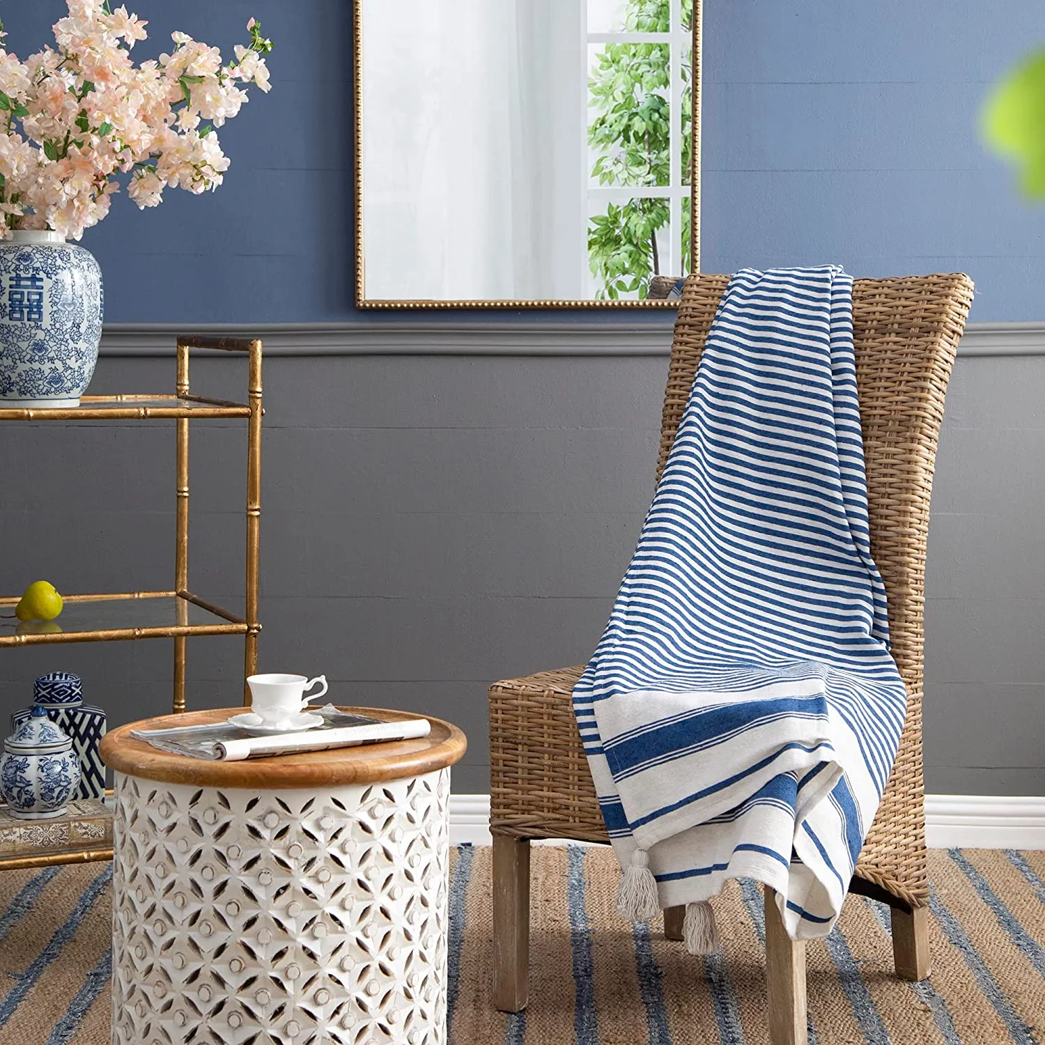 A&B Home Throw Blanket - Blue and White Stripe Woven Cotton Blend Blanket, 50