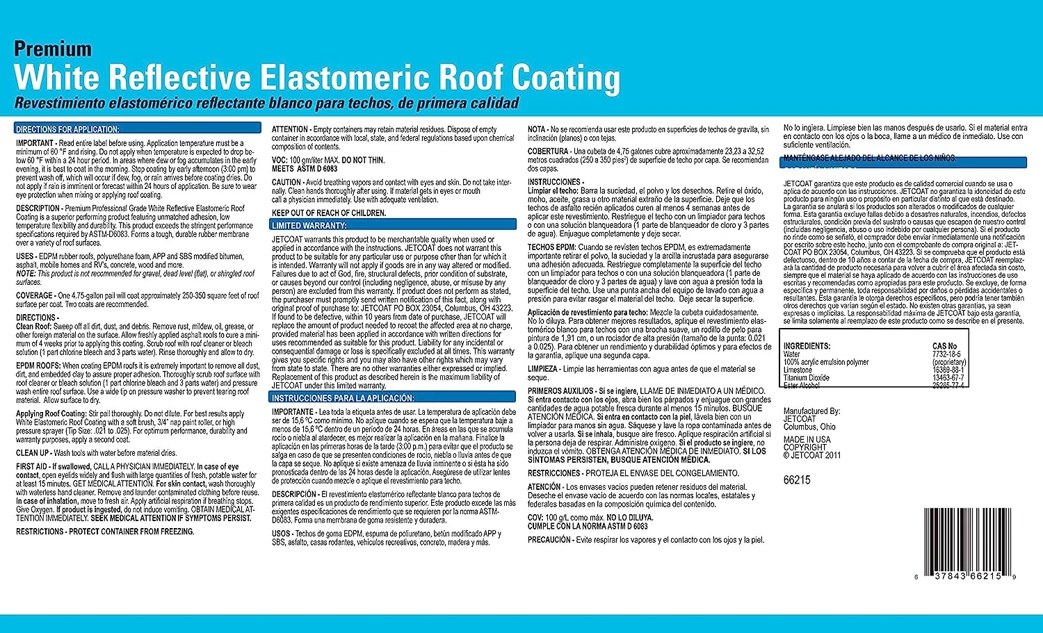 Jetcoat Cool King Reflective Acrylic Roof Coating, Waterproof Elastomeric Sealant, 5 Gallon, 10 Year Protection (White)