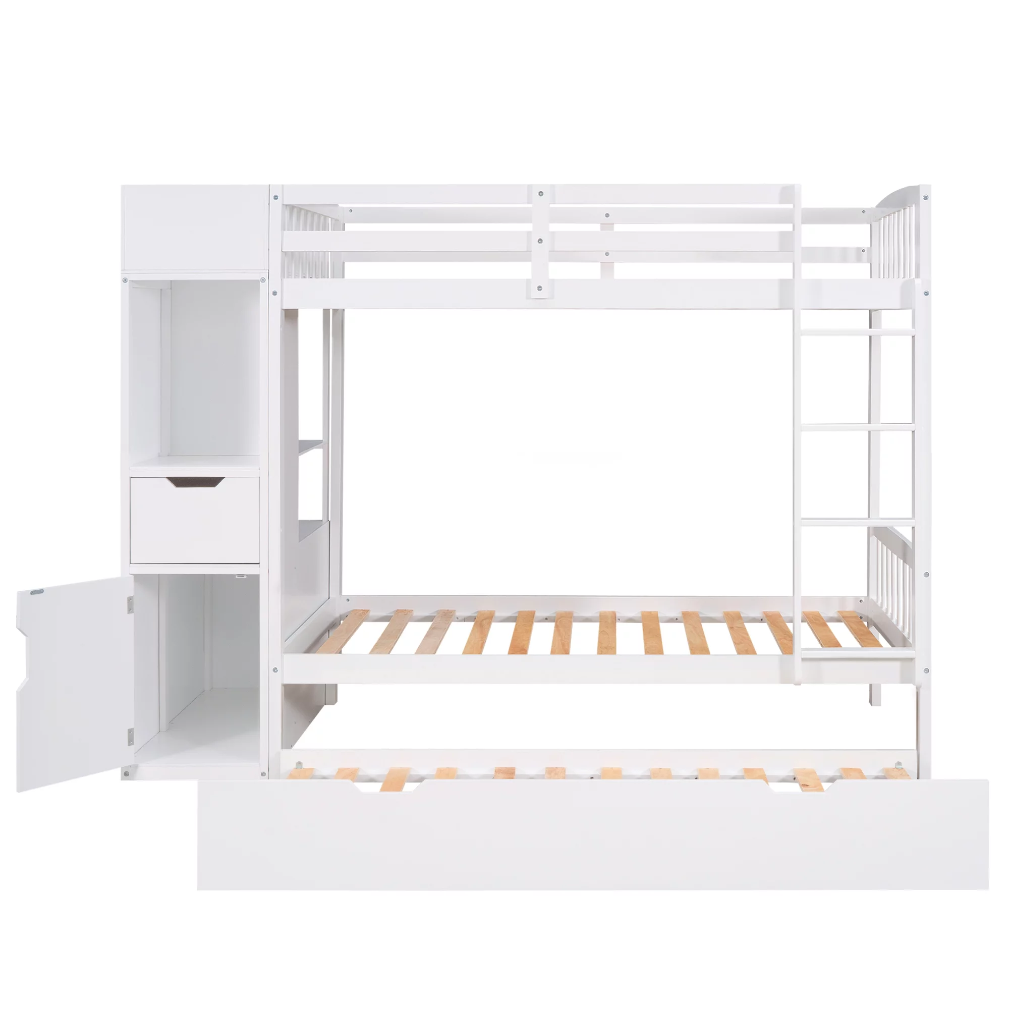 Twin over Twin Bunk Bed with Trundle and Multi-functional Locker, White