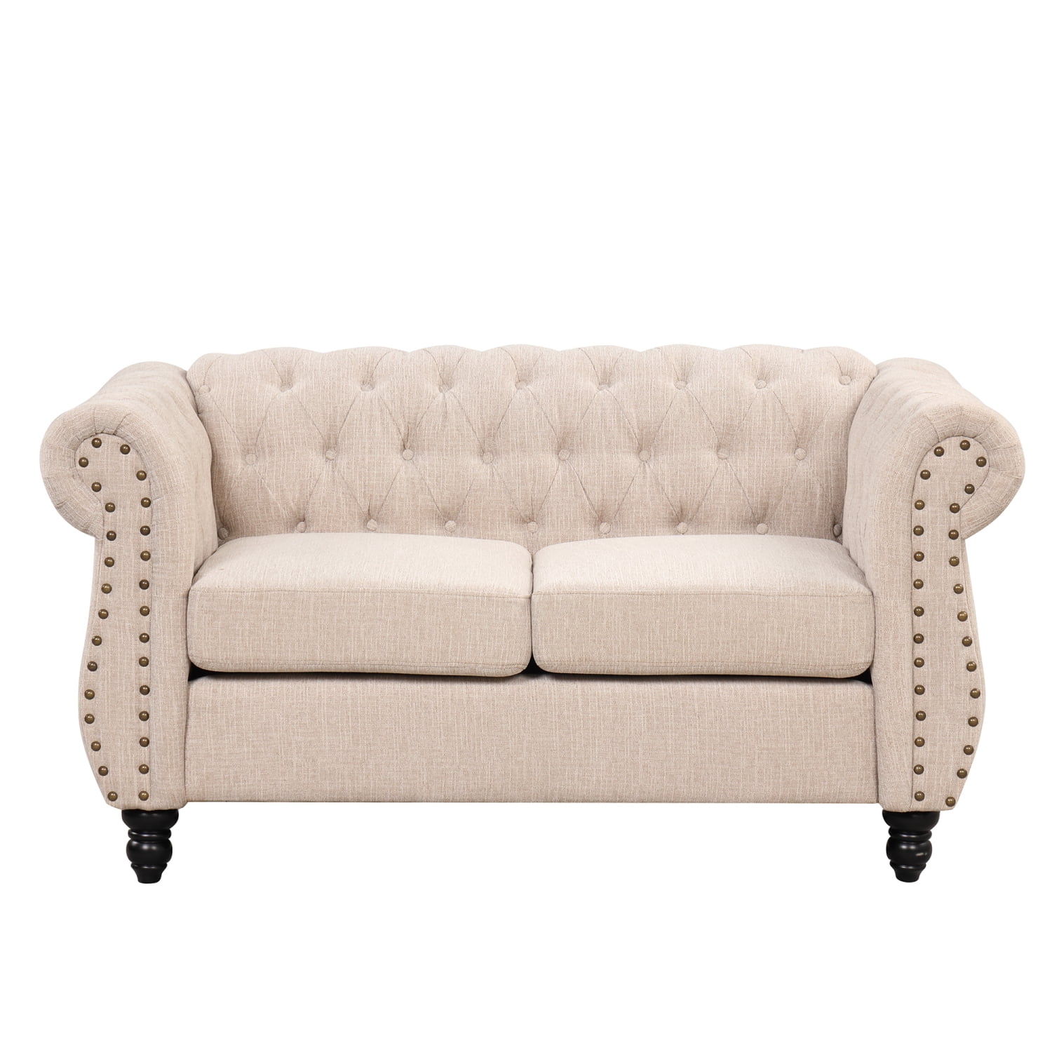60” modern sofa Dutch plush upholstered sofa  solid wood legs  buttoned tufted backrest  beige