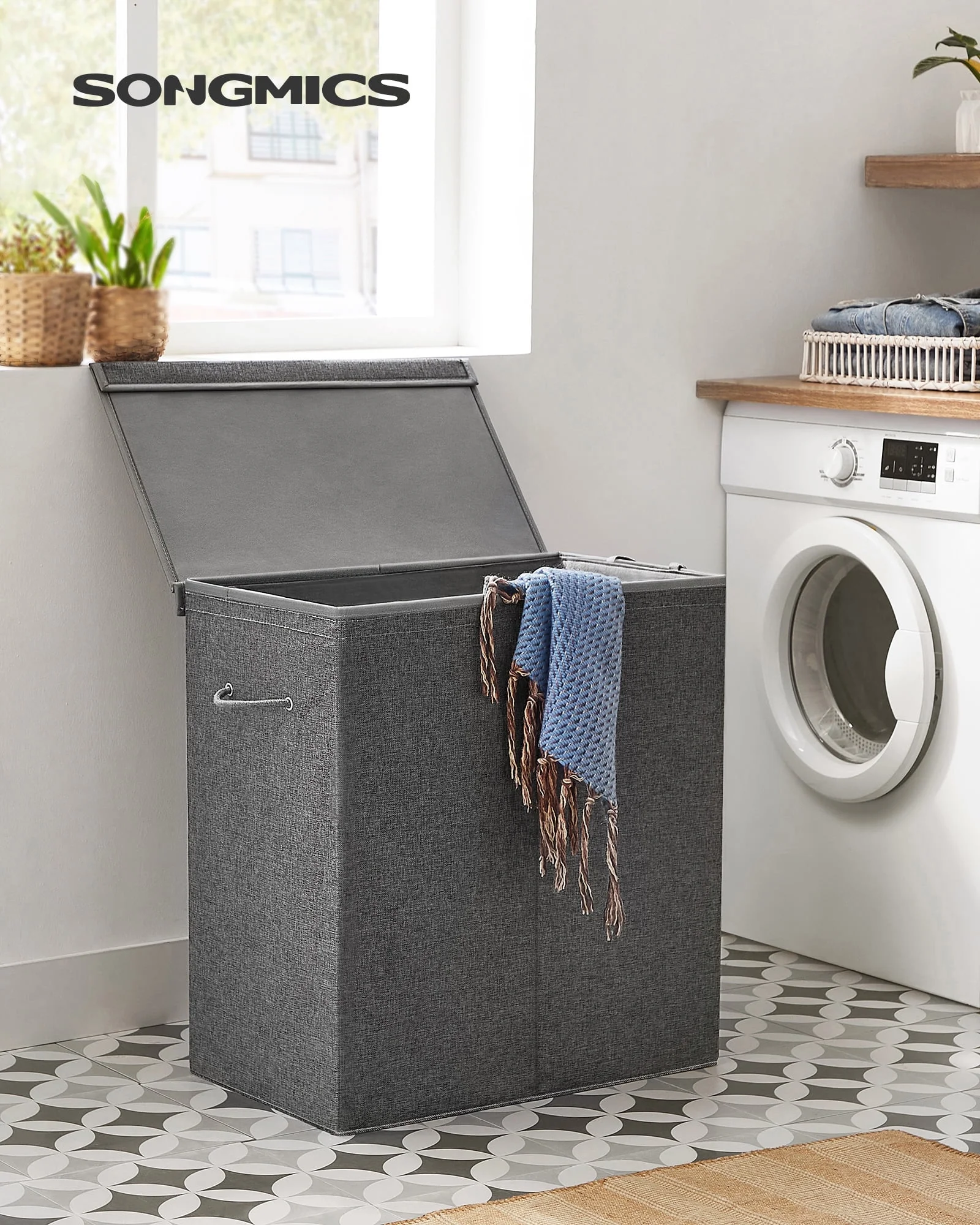 SONGMICS 142L Laundry Hamper with Lid & Removable Fabric Bag Laundry Basket with Handles for Closet Laundry Room Bedroom Bathroom Light Gray