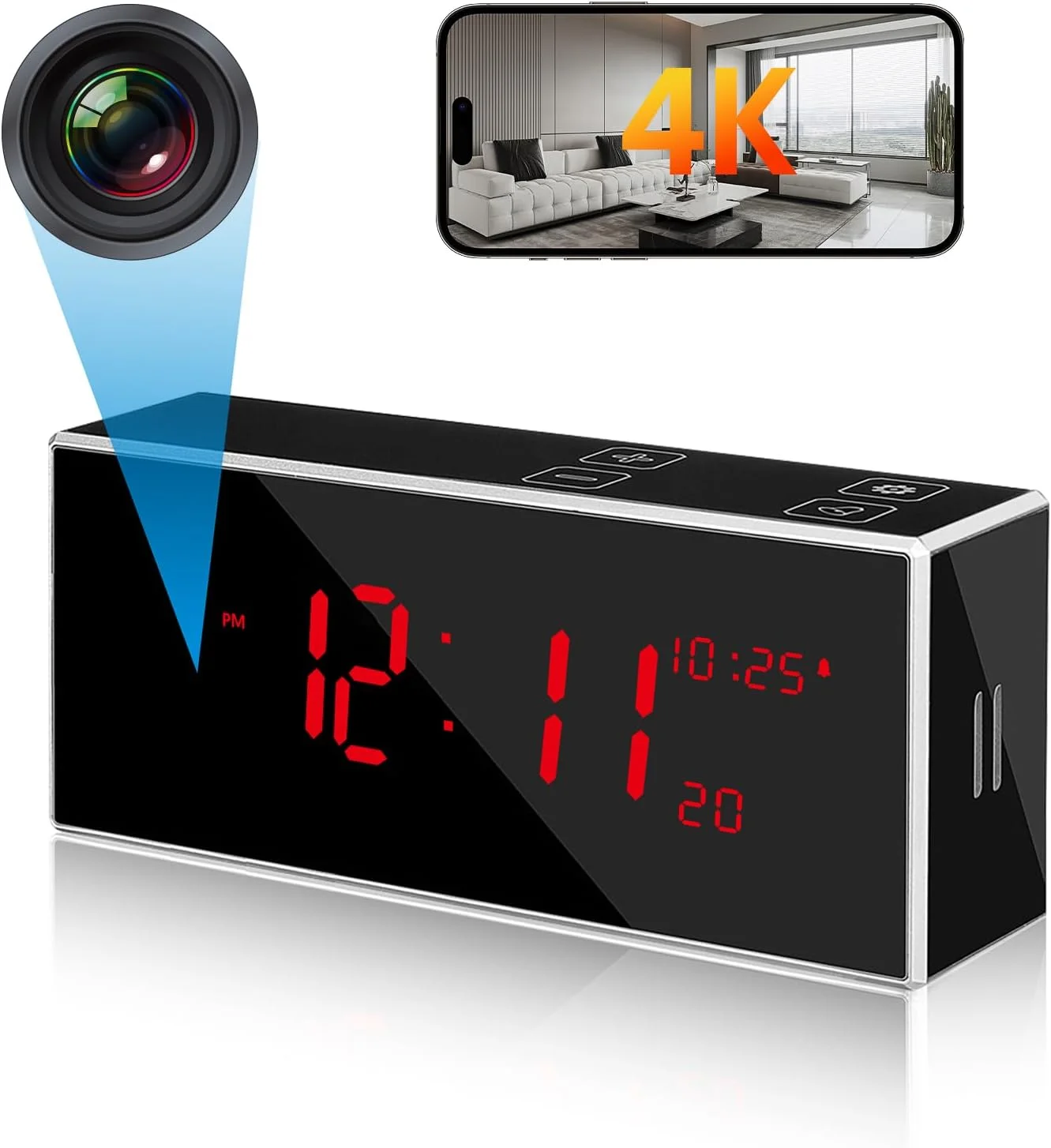Hidden Spy Camera Alarm Clock with Stronger Night Vision 4K Wireless WiFi Smart Nanny spy Cam Motion Detection 160°Wide-Angle Fisheye Lens Security Surveillance Camera(2.4/5Ghz)