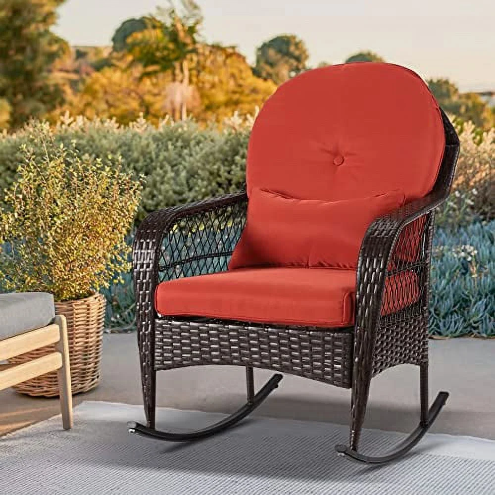 B Outdoor Wicker Rocking Chair All Weather Wicker Rocker Chair with Cushions for Garden Patio Yard Porch Lawn Balcony Backyard (1PCS-Brown Wicker-Orange)