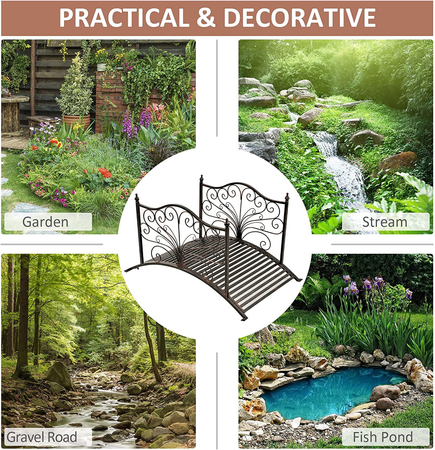 Outsunny 4’ Metal Arch Backyard Garden Bridge with Safety Siderails, Delicate Scrollwork, & Easy Assembly, Black Bronze