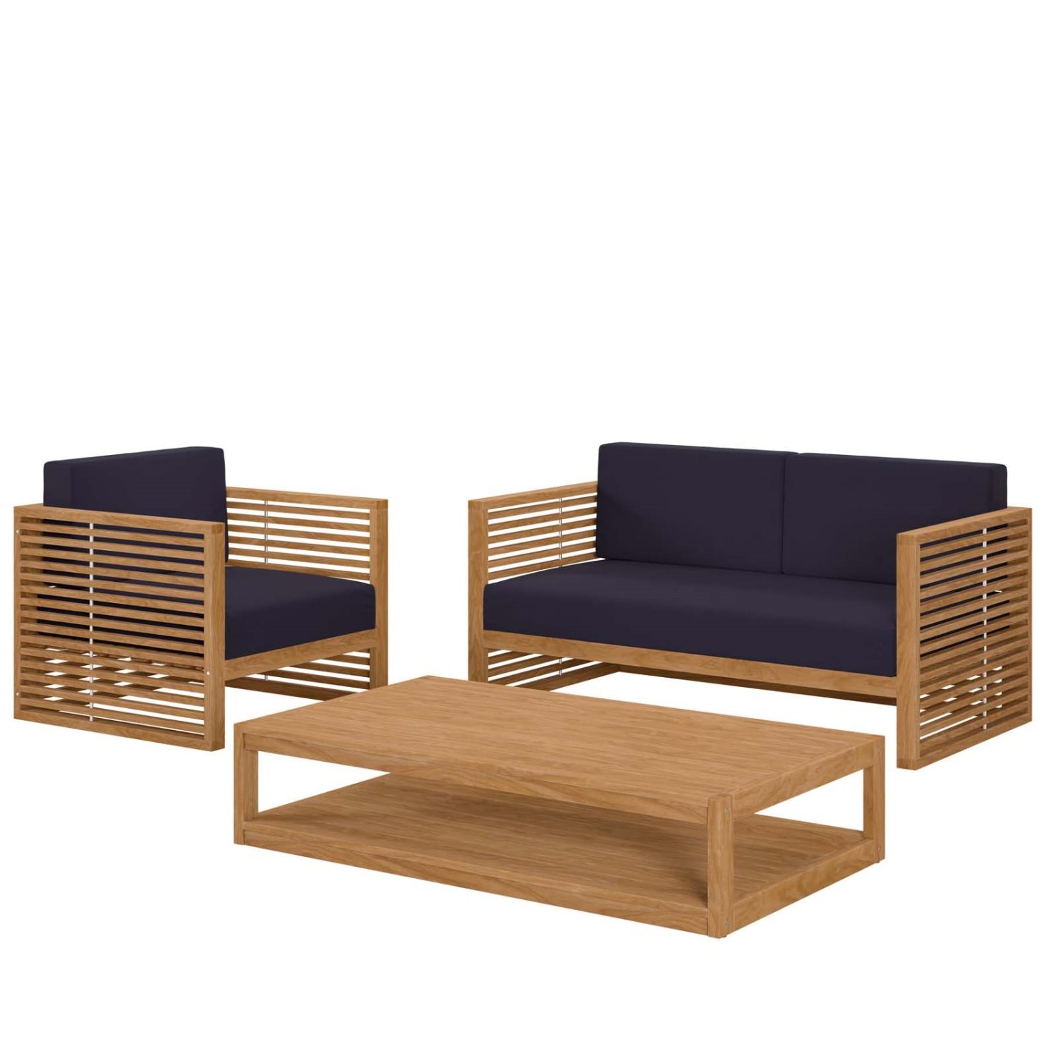 Lounge Chair ArmchairTable Set, Blue Navy Natural, Teak Wood, Outdoor Patio Balcony Cafe Bistro Garden Hospitality Restaurant, Modern Contemporary HB34144