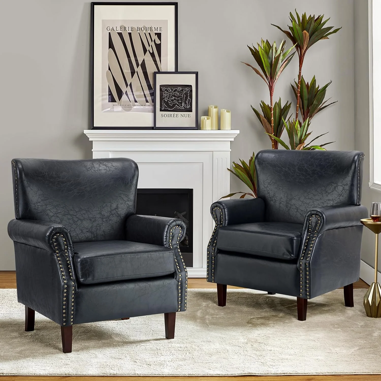 Faux Leather Accent Chairs Set Of 2 With Rolled Armrests & Nailhead Trim, Comfy Upholstered Living Room Armchairs With Removable Cushion, Traditional Sofa Chairs For Bedroom Office, Navy