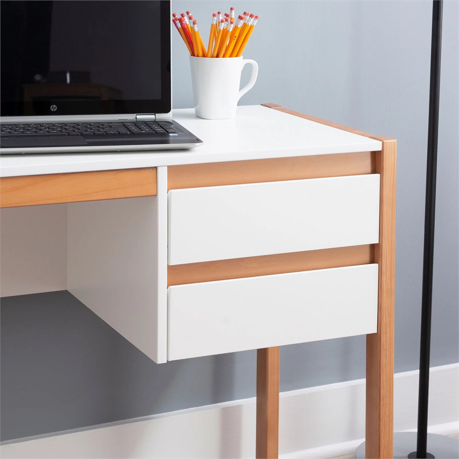 Linon Brock Wood Two Drawer Desk in White and Natural