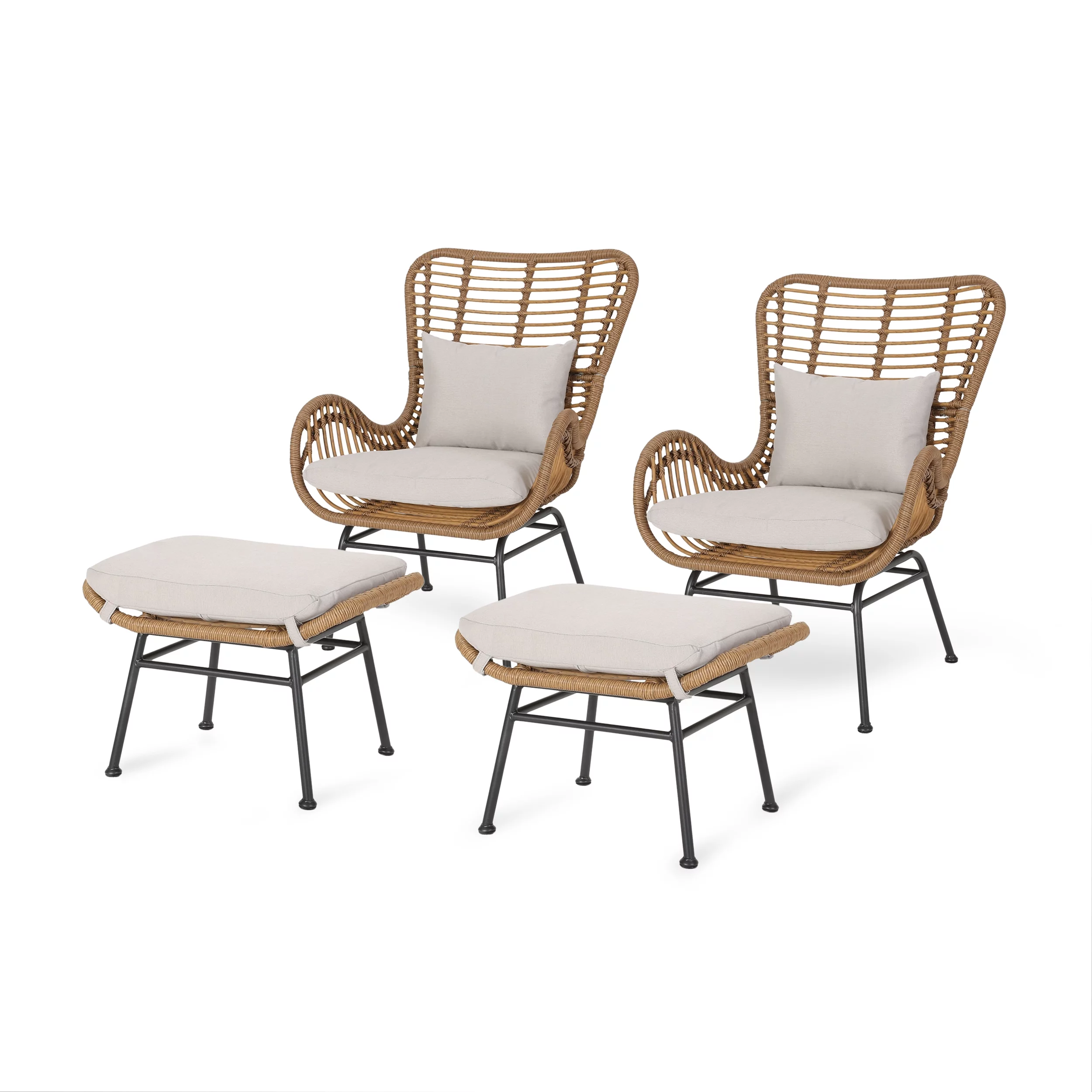 Noble House Avalyn Indoor Modern Boho Wicker Chat Set with Ottomans, Light Brown, Beige, and Black