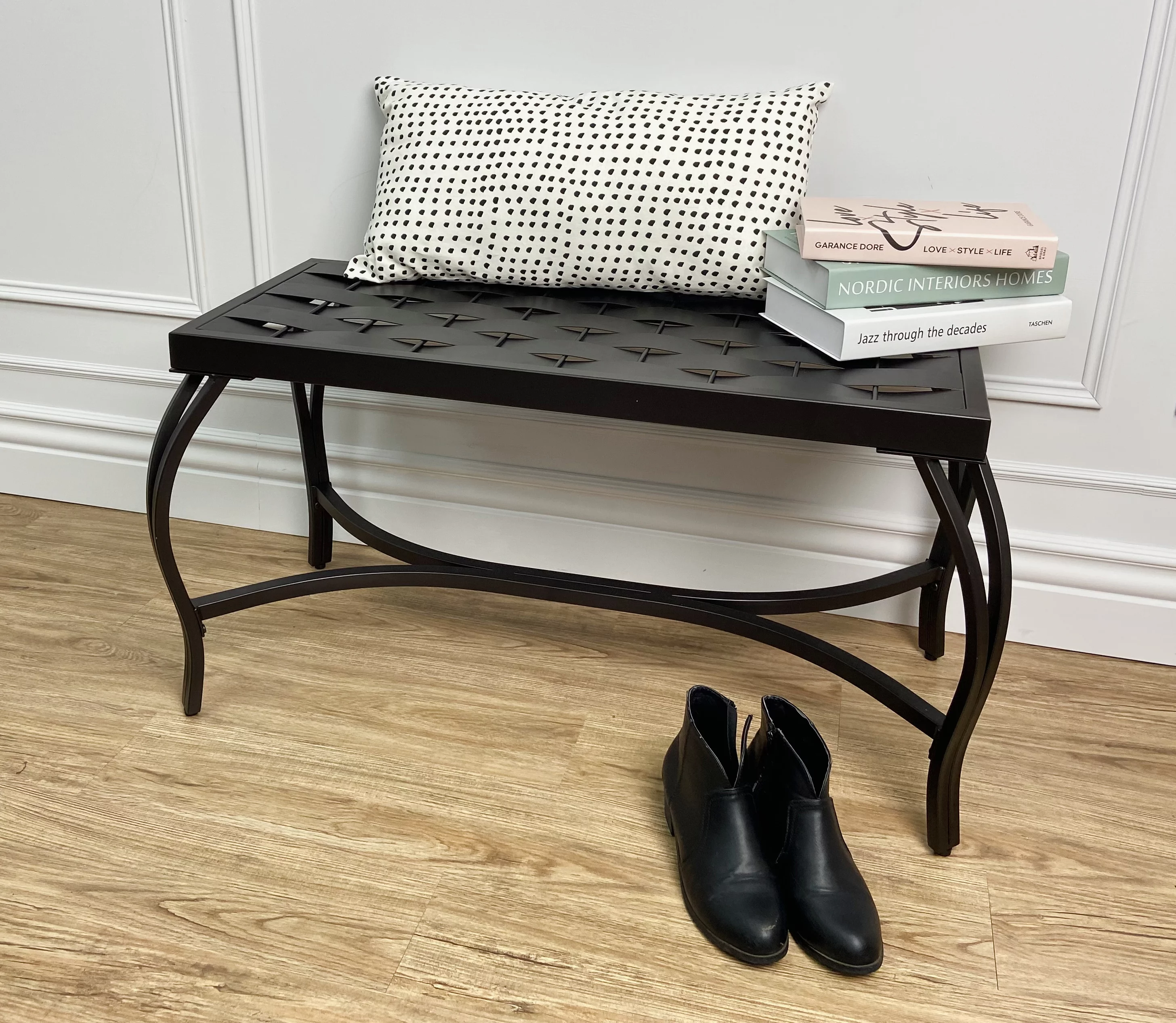 Mango Steam Free Standing Patio Garden Weave Bench, Metal Bronzed Black