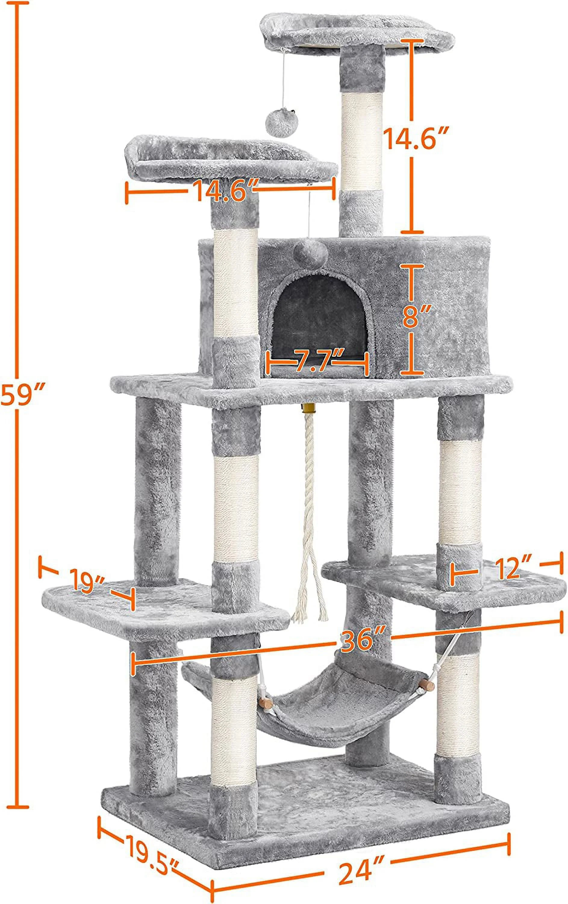 Multi-Level Cat Tree Cat Tower, 59''H Activity Center Tower Stand Furniture with Scratching Posts, Plush Perch & Hammock