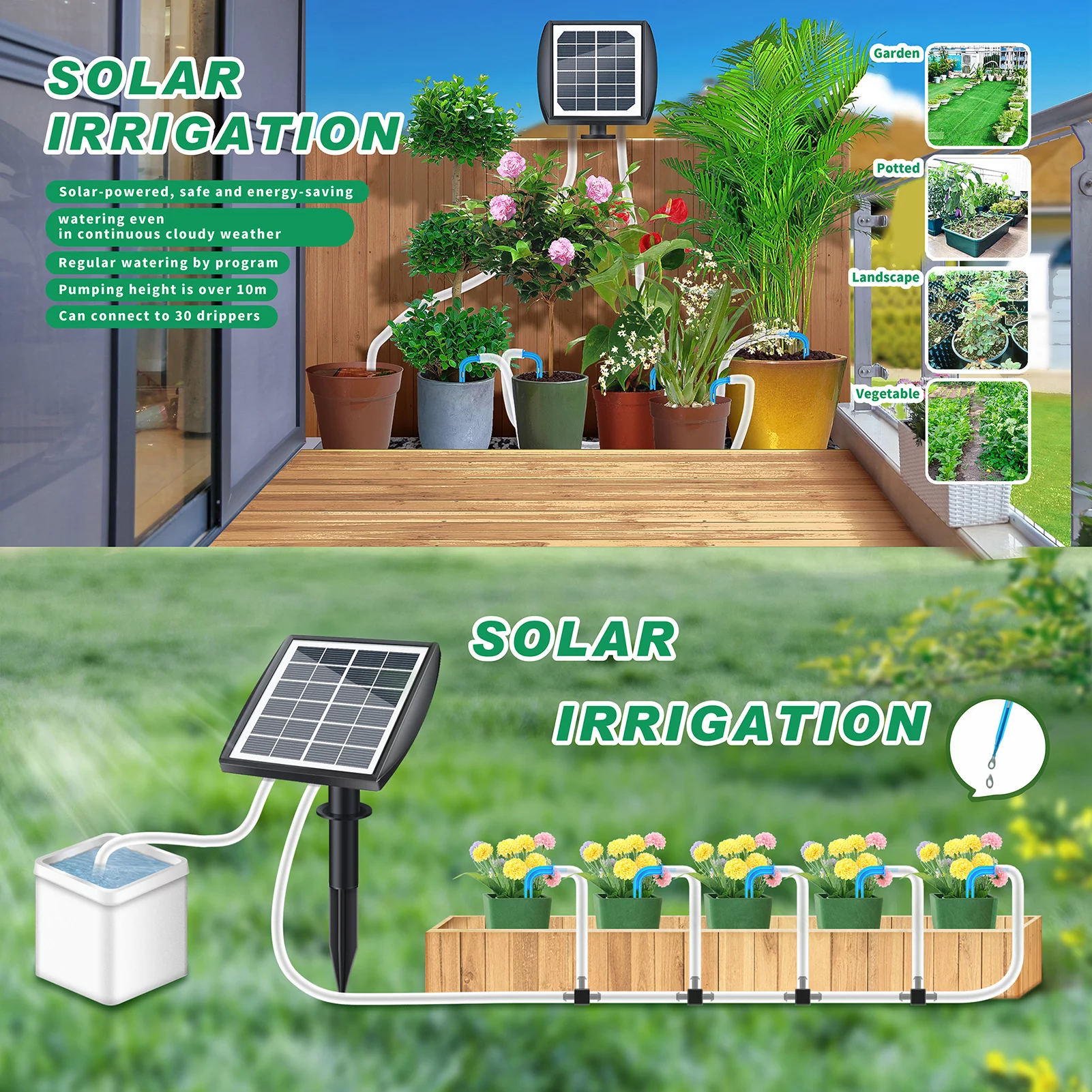 Solar Irrigation Solar Auto Watering System Solar Powered Automatic Drip Irrigation Kit Self Watering Devices with Water Sensor Timer for Plants in Patio Balcony Green House