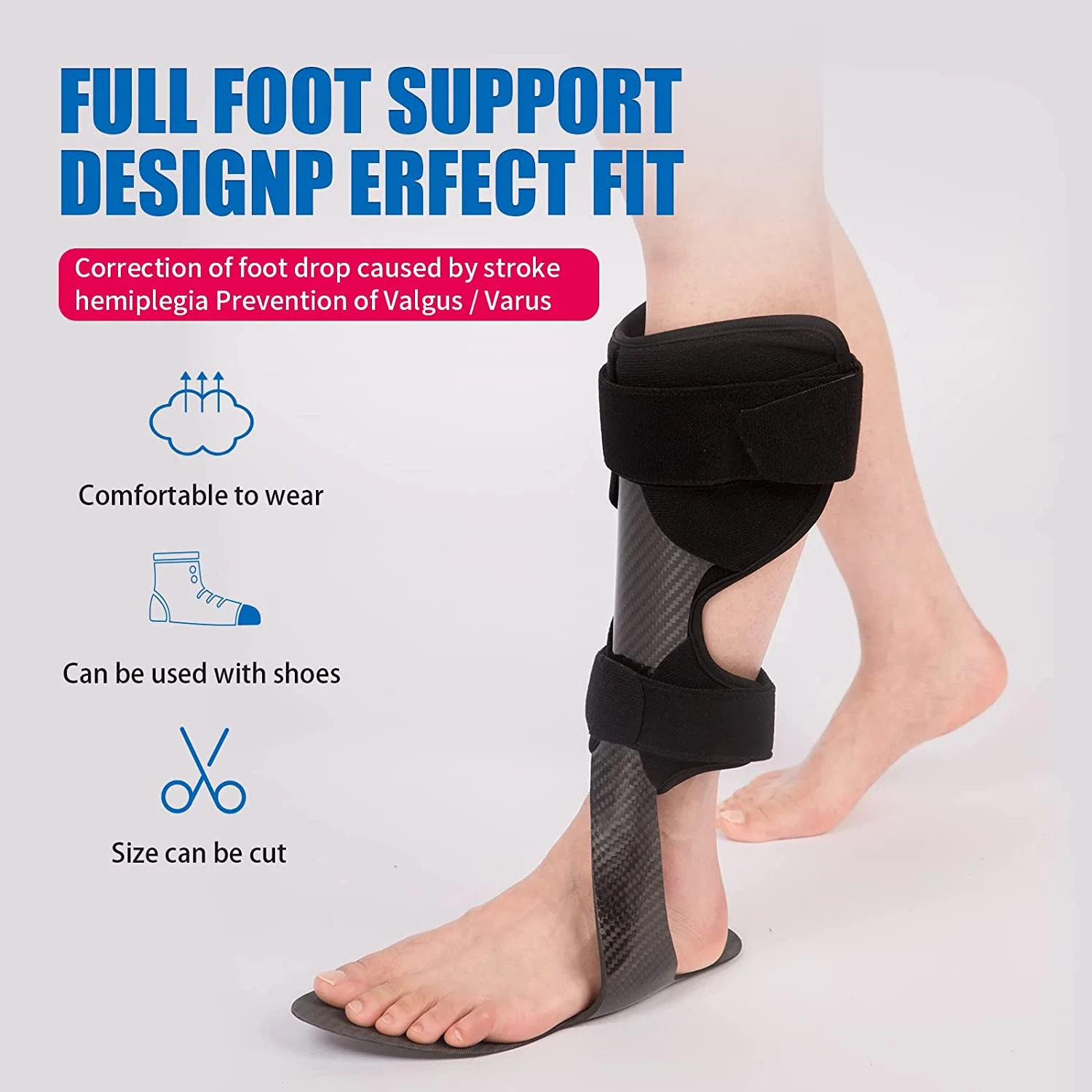 Carbon Fiber AFO Brace Ankle Foot Orthosis AFO Rehabilitator Foot Drop Brace for Drop Foot, Ankle Instability or Limb Spasticity