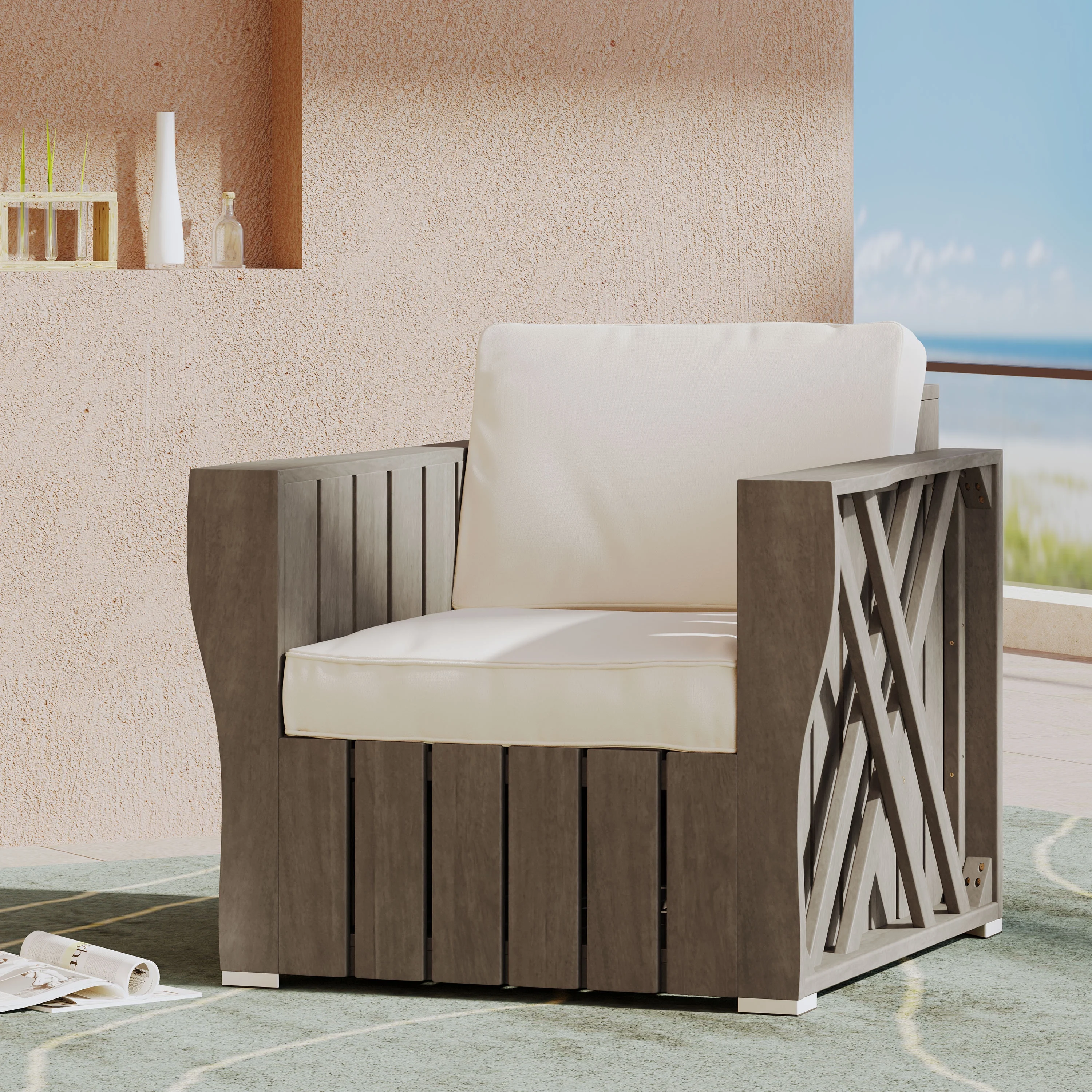 GDF Studio Edward Outdoor Acacia Wood Club Chair with Cushion, Gray and Cream
