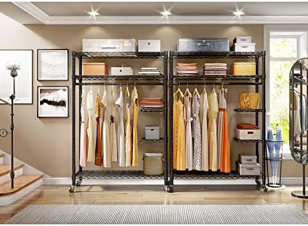 FDIGLUL V11C Wire Garment Rack Rolling  Heavy Duty Portable Closets with Lockable Wheels Adjustable Wardrobe Black Metal Clothing Rack with Frosted Translucent Cover  Max Load 452LBS