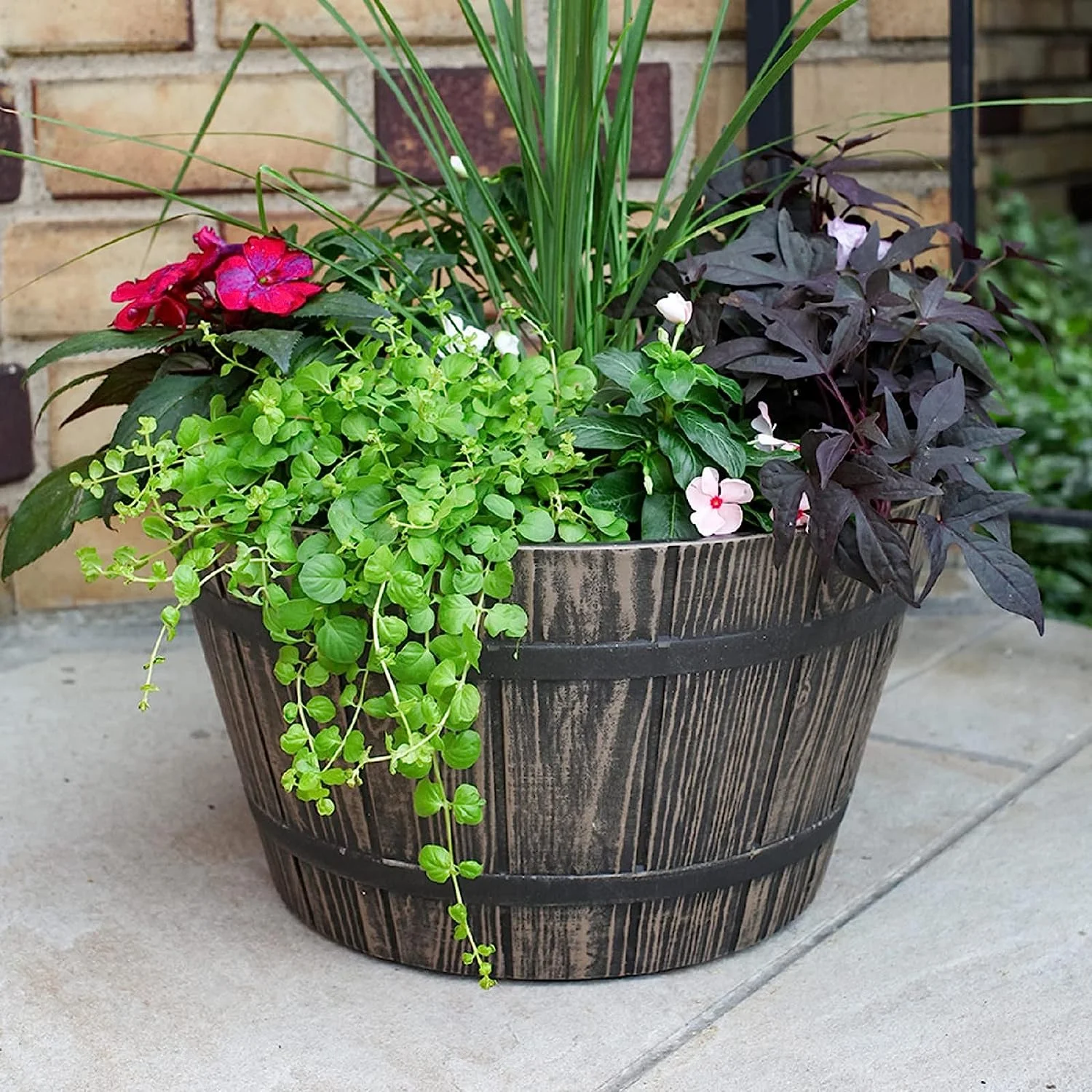 The HC Companies 16 Inch Whiskey Barrel Planter - Weather Resistant Resin Plant Pot for Indoor Outdoor Use in Aged Oak Color (Faux Wood)