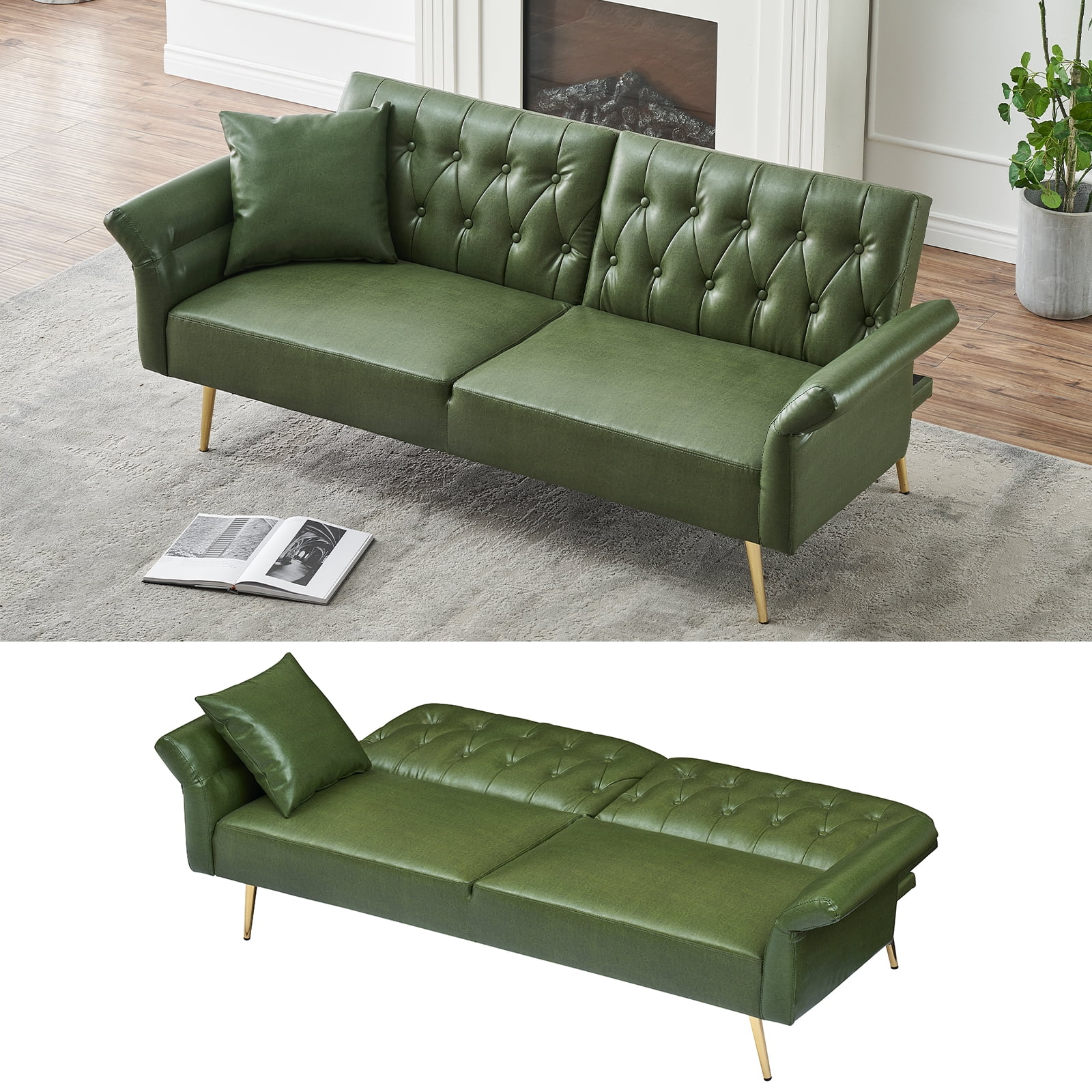 Green Faux Leather Convertible Sofa Bed with Adjustable Armrests, Modern Tufted Sleeper Couch for Small Spaces, Apartments, and Dorms - Easy Assembly