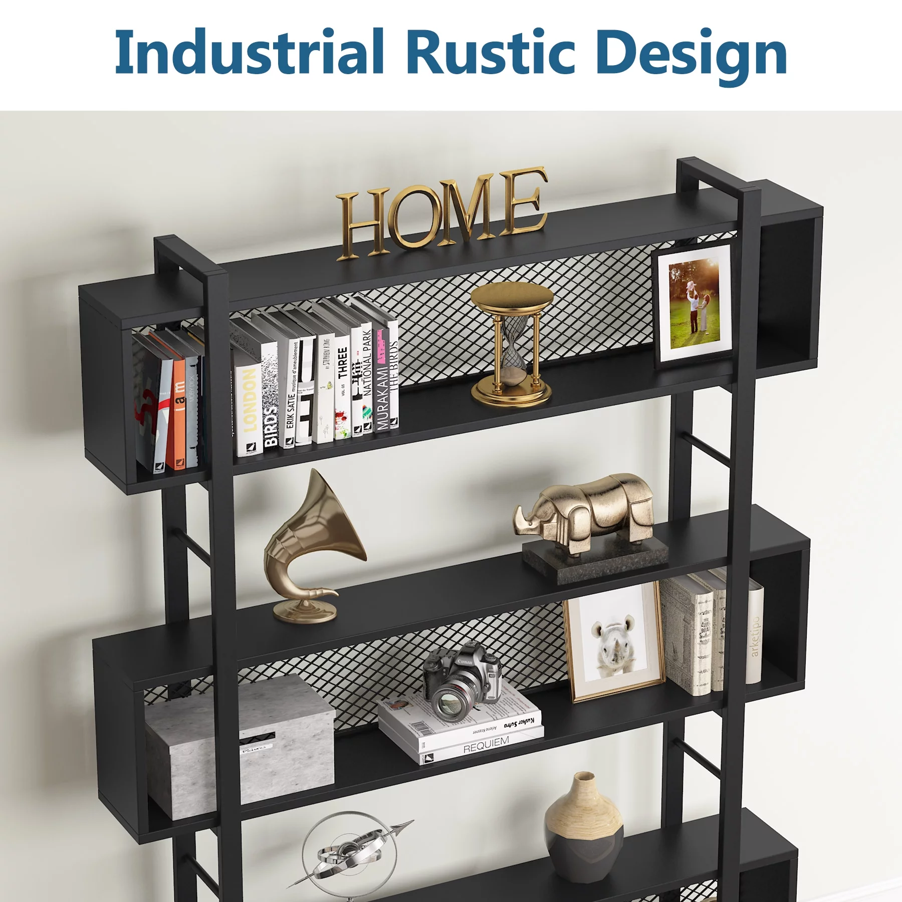Modern 5-Tier Bookshelf Industrial Wide Bookcase Rustic Wood and Metal Standing Bookshelf