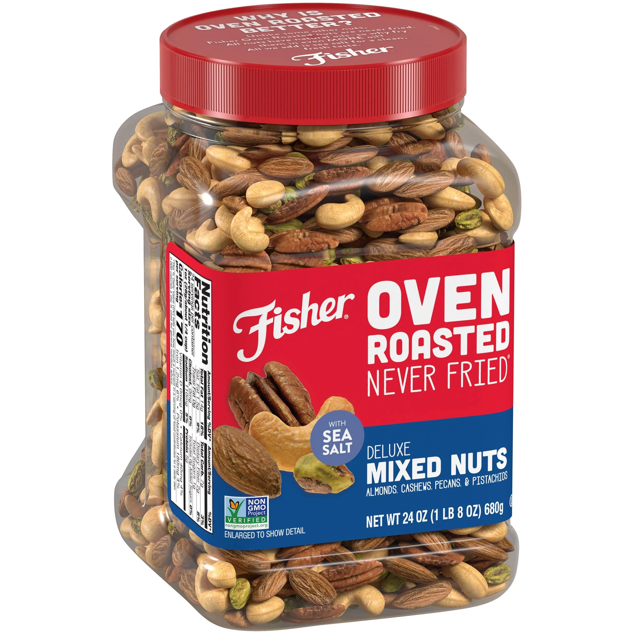 Fisher Snack Oven Roasted Never Fried, Non-GMO, Deluxe Mixed Nuts, 24 oz Resealable Jar