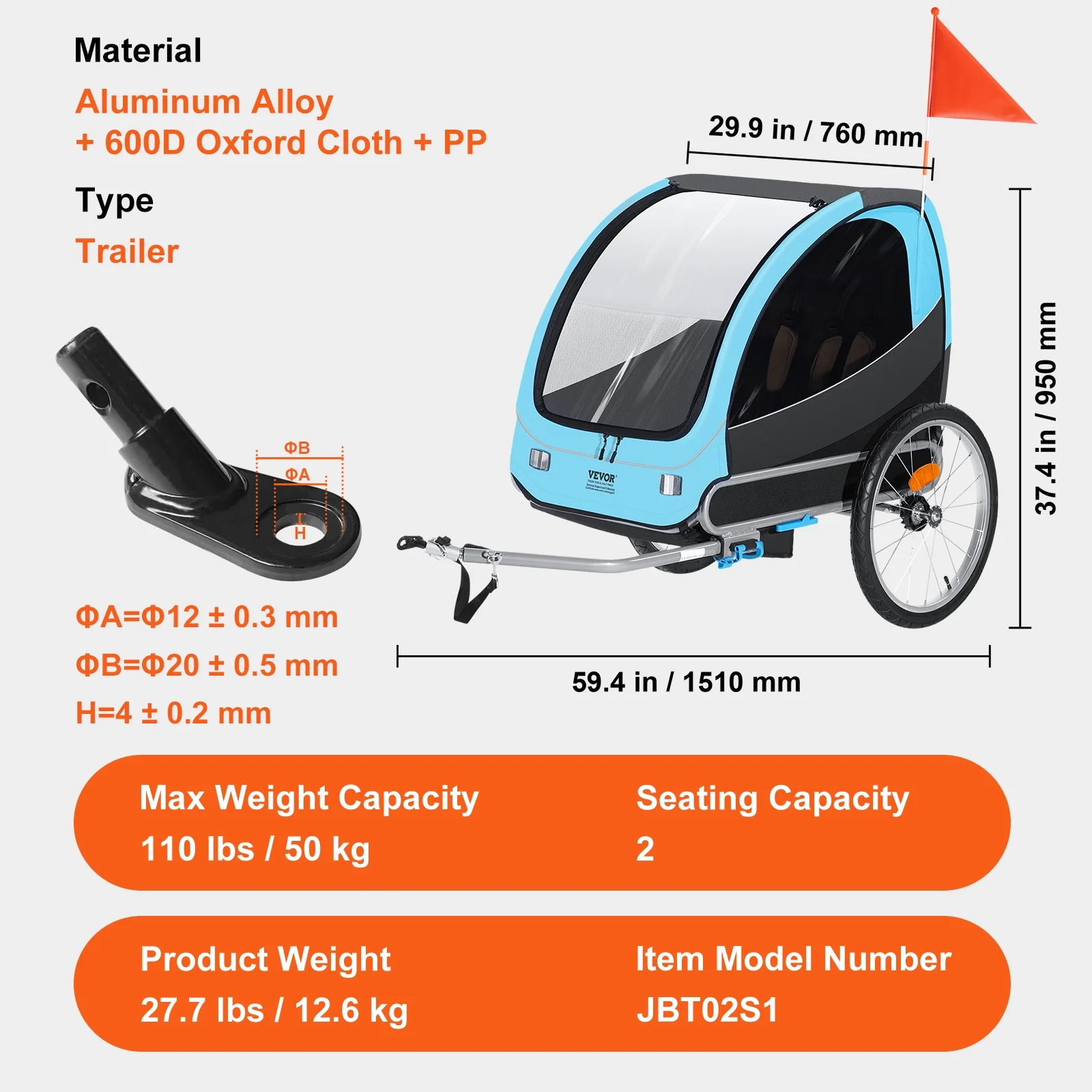 SKYSHALO 2Seater Trailer 110 lbs Child Bike Trailer Foldable Double Kids Carrier