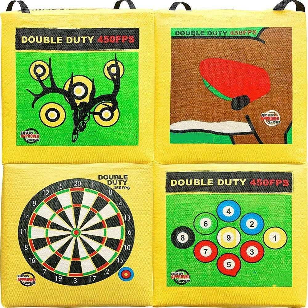 Double Duty 450 FPS Cube Field Point Archery Bag Target with Traditional Bullseyes, Nine-ball, Dartboard Game, and Deer Vitals, Yellow